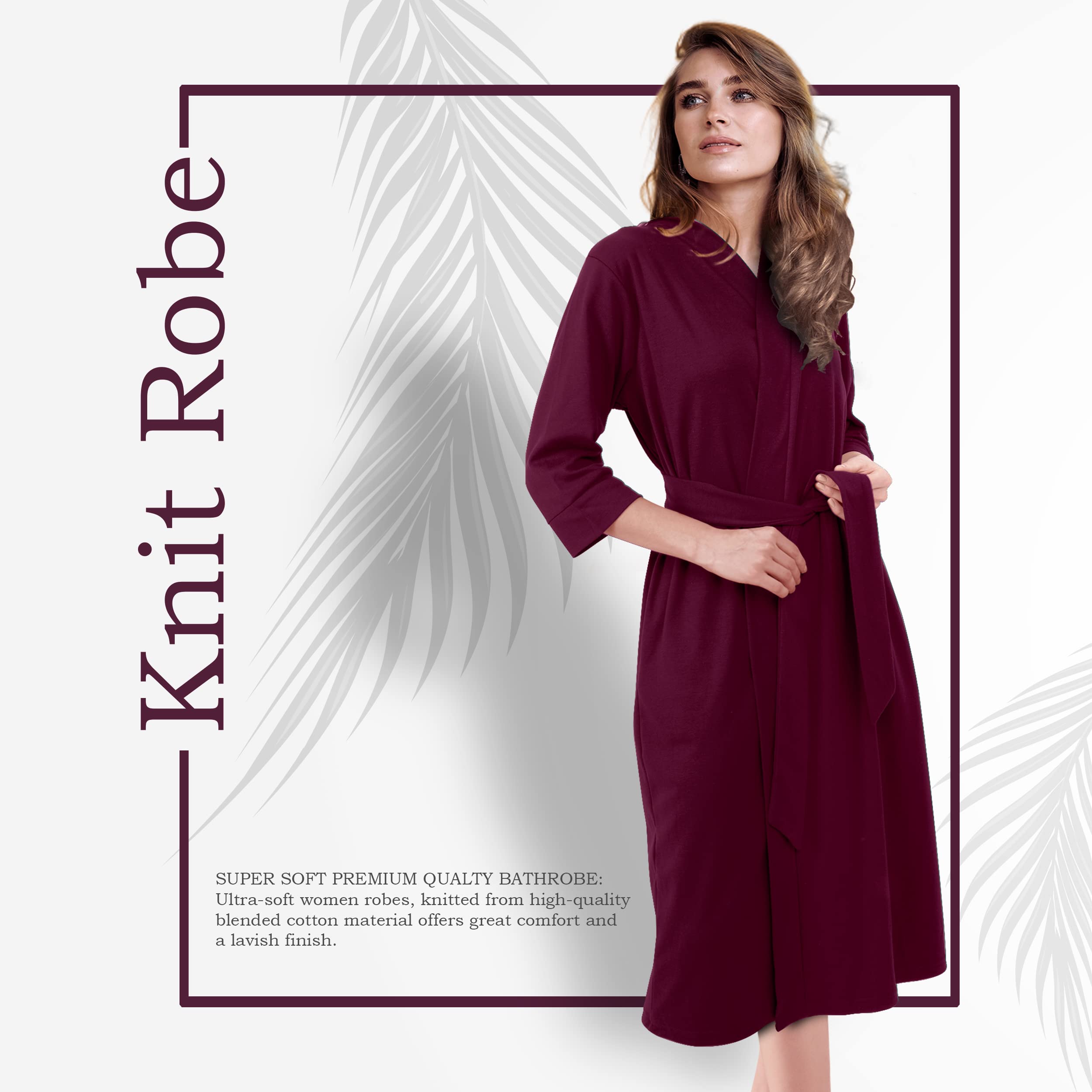 Ny Threads Luxurious Women Knit Robe Kimono Cotton Blend Bathrobe Ladies Loungewear Sleepwear (Medium, Purple Red)