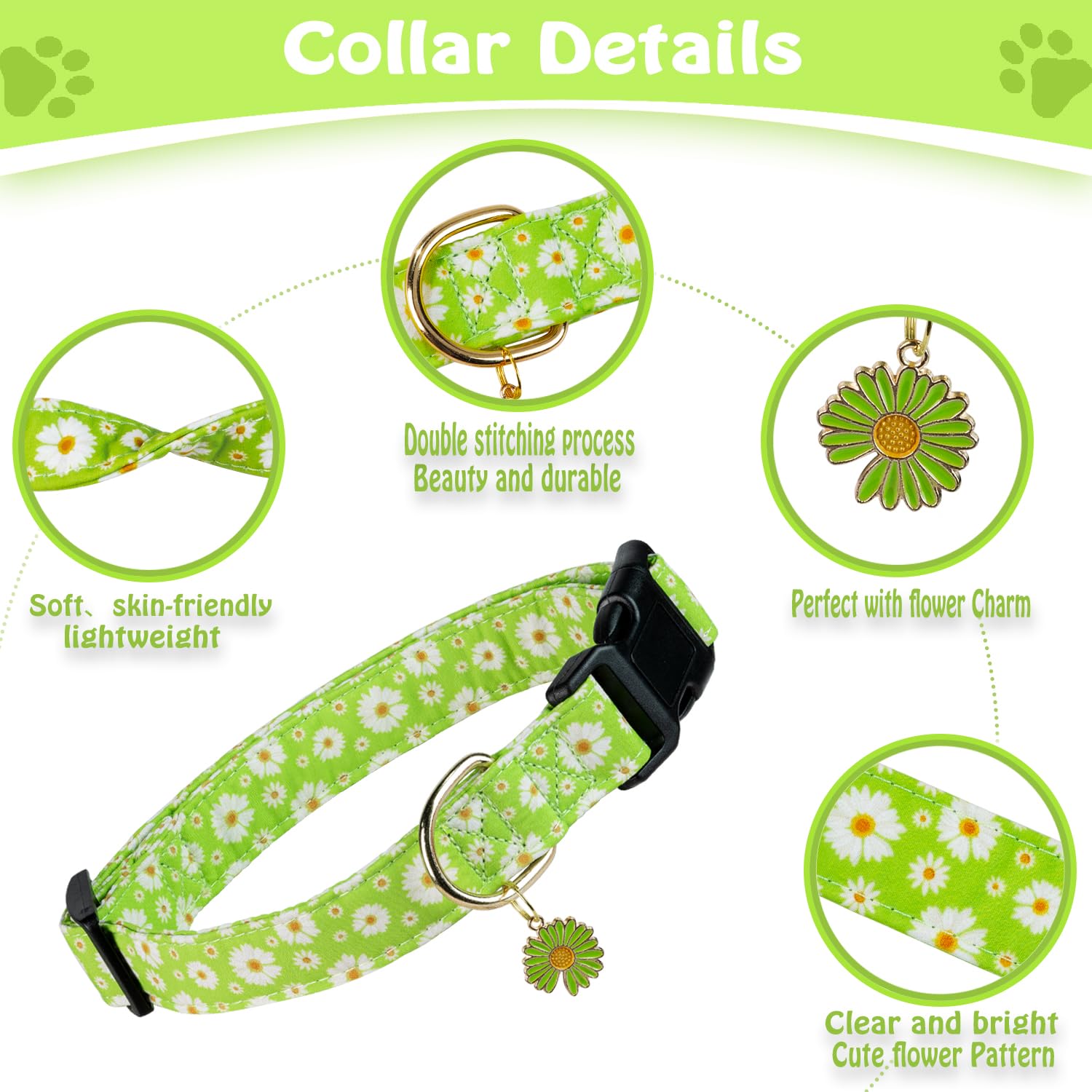 Prehai Cute Cotton Dog Collar For Boy And Girl Dogs Fresh Flower Pattern Puppy Collar For Small Medium Large Dogs Adjustable Flo
