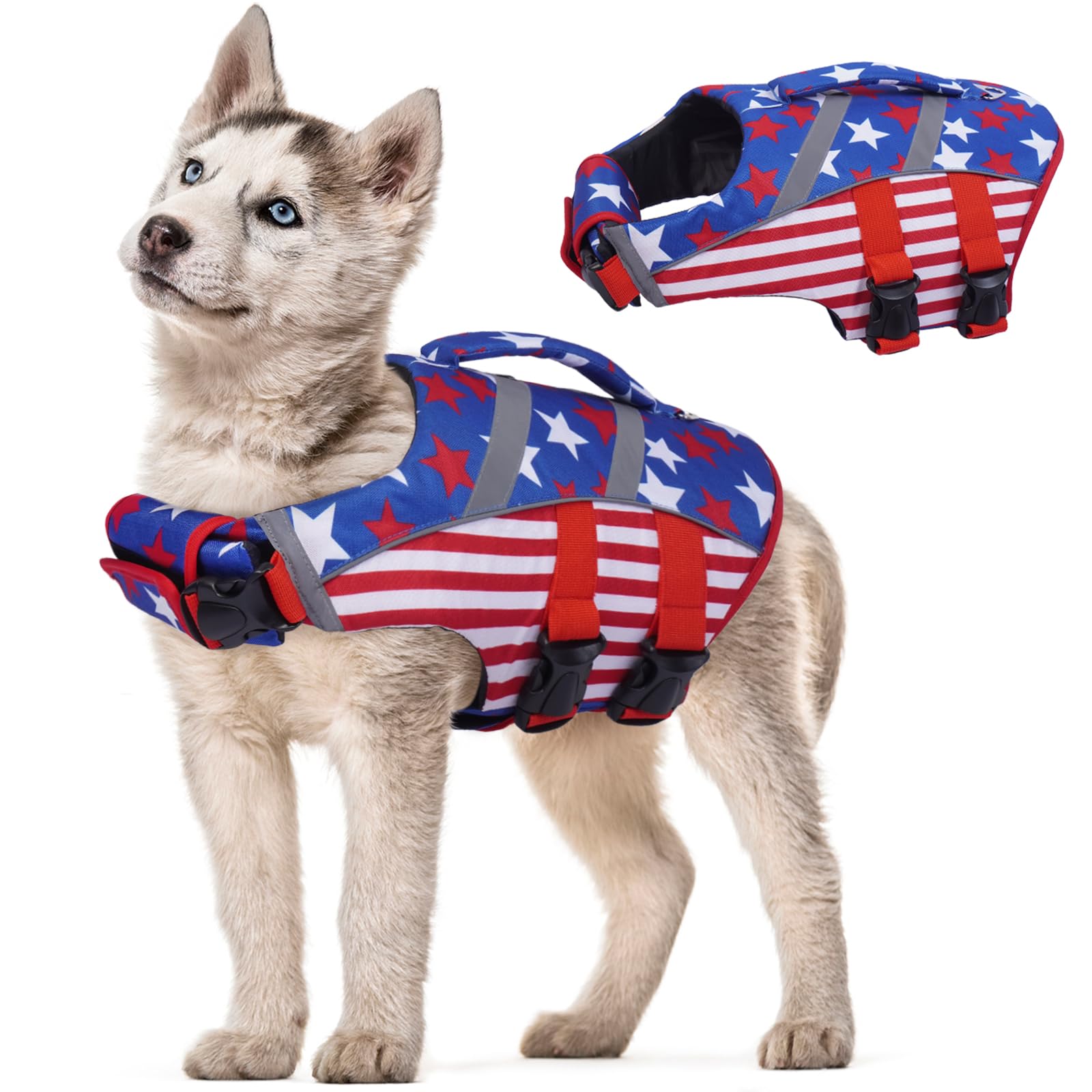 Kuoser Dog Life Jackets For Medium Dogs, American Flag Dog Life Vests For Swimming, Reflective Dog Life Vest Beach Boating With 