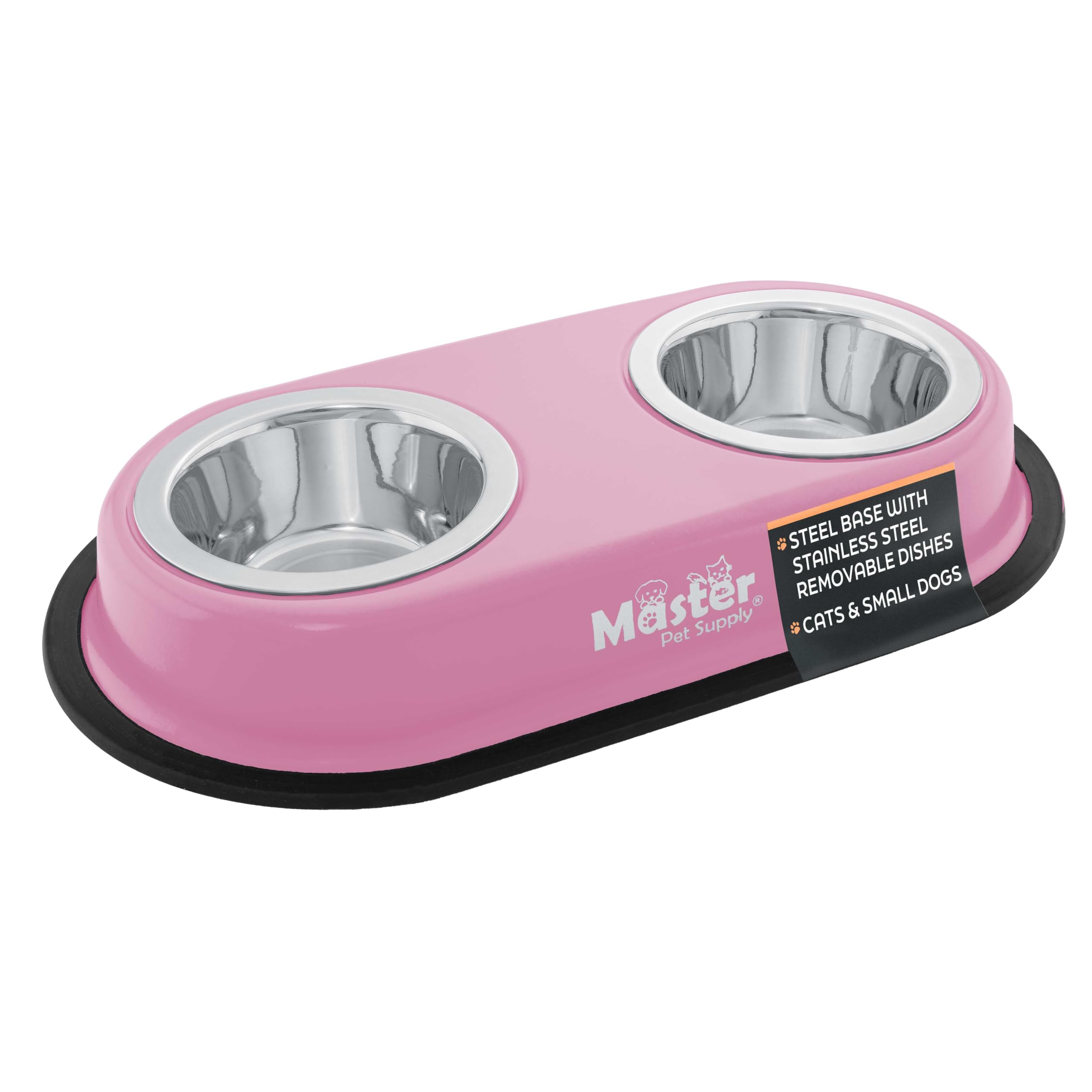 Master Pet Supply Double Dog Bowls Set with Elevated Base and 2 (8 oz) Stainless Steel Removable Dishes (Hyper Pink) - Double Ca