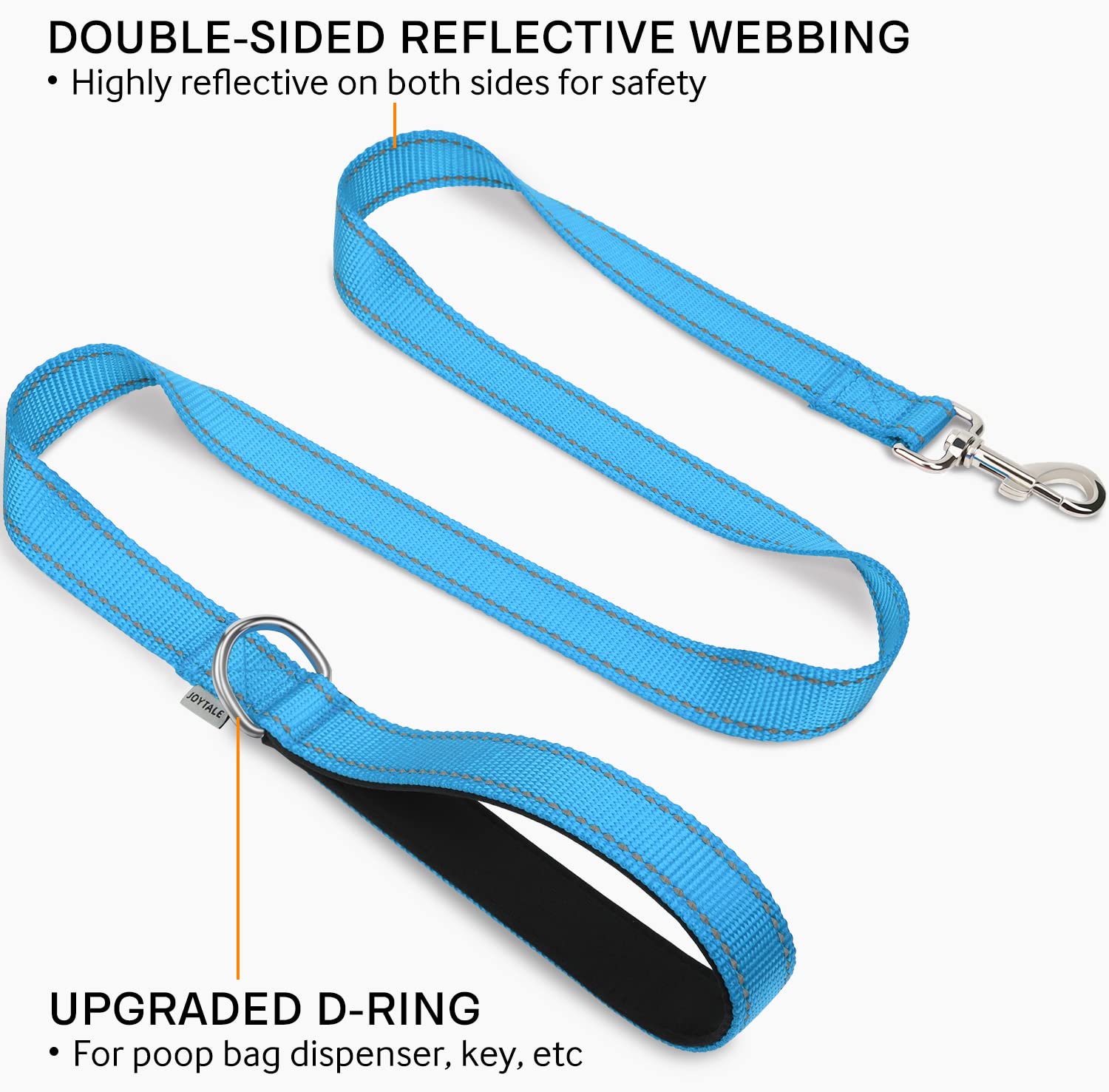 Joytale Double-Sided Reflective Dog Leash, 6 Ft/5 Ft/4 Ft, Padded Handle Nylon Dogs Leashes For Small & Medium Dogs Walking, Sky Blue, 5Ft