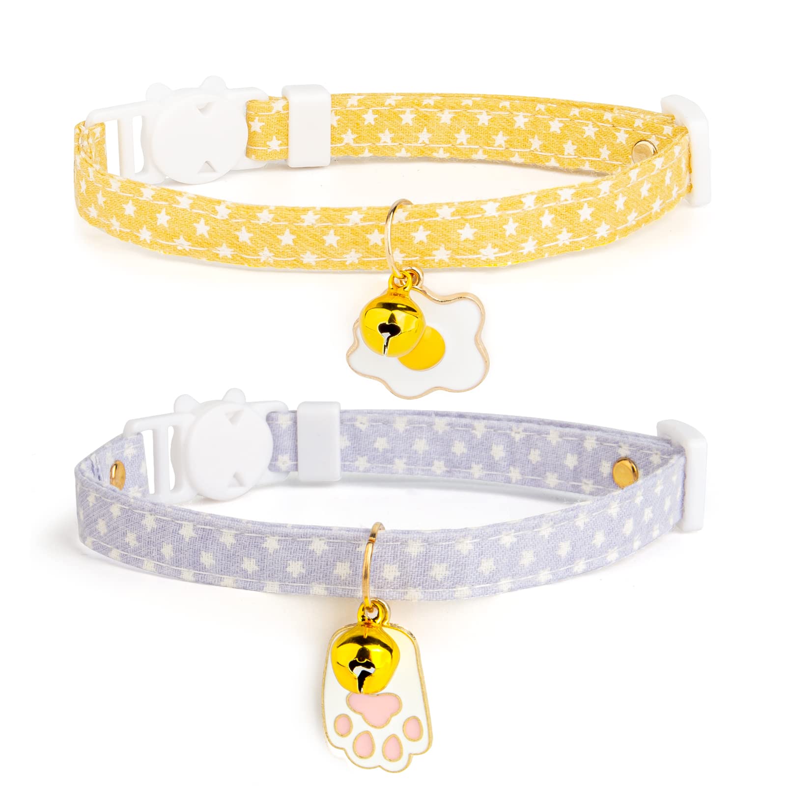 2 Pack Cotton Breakaway Cat Collars With Bell,Yellow & Purple Egg Cat Paw Pendant Cute Cat Collar Kitten Collar,Ideal For Girl C