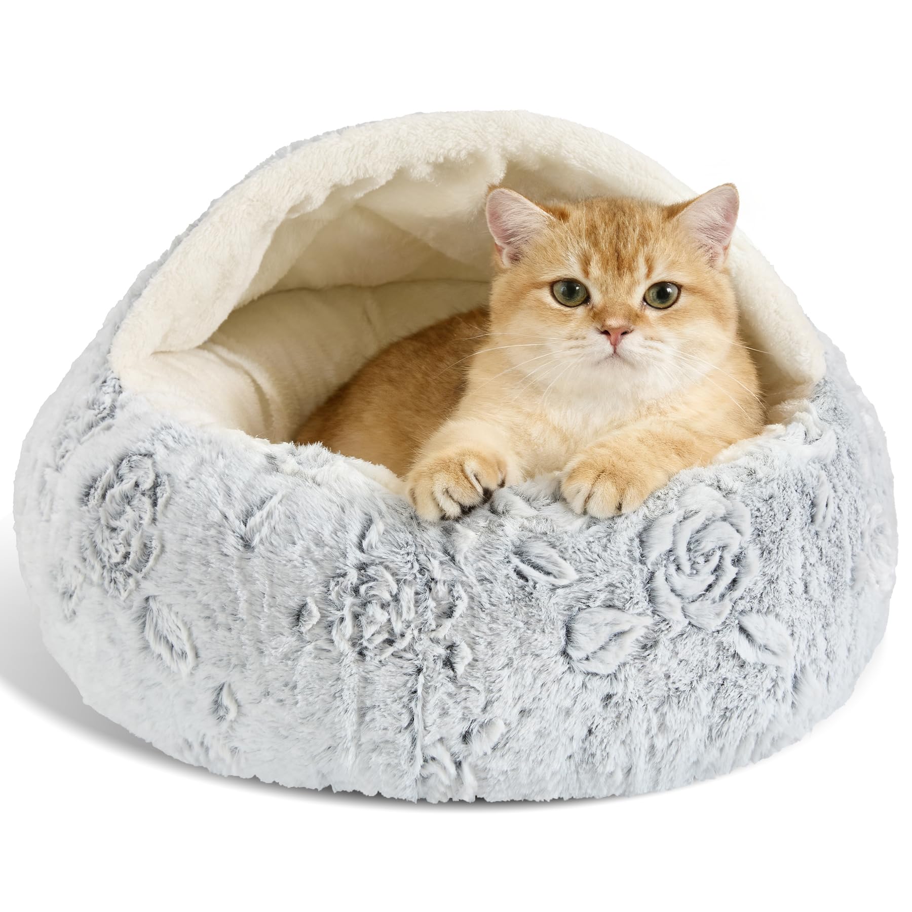 Calming Dog Beds & Cat Cave Bed with Hooded Cover,Removable Washable Round Beds for Small Medium Pets,Anti-Slip Faux Fur Fluffy 