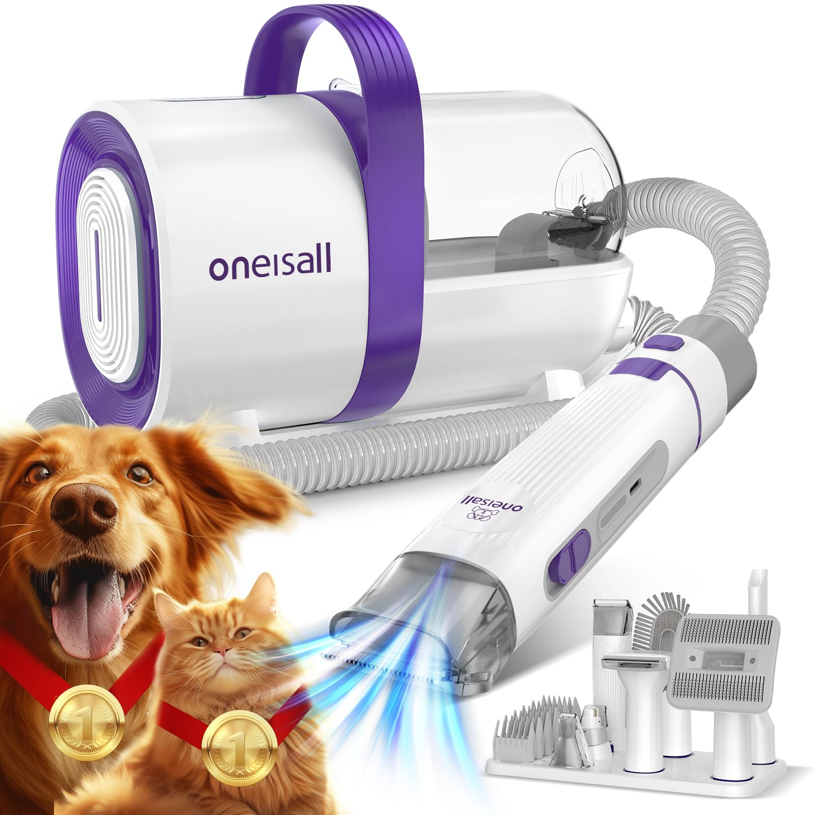 Oneisall Dog Hair Vacuum & Dog Grooming Kit, Pet Grooming Vacuum With Pet Clipper Nail Grinder, 1.5L Dust Cup Dog Brush Vacuum With 7 Pet Grooming Tools For Shedding Pet Hair, Home Cleaning