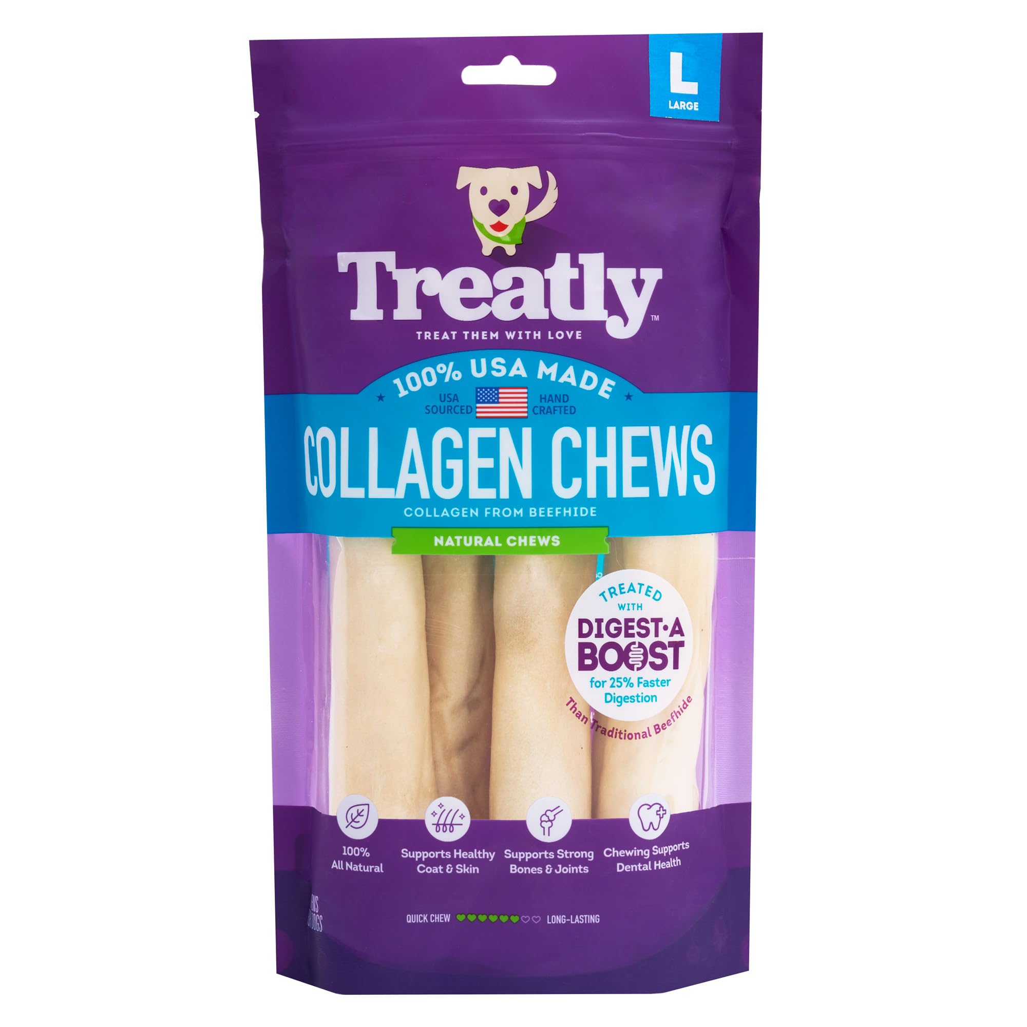 Treatly USA Collagen Rolls 9-10 Dog Chew Treats - Natural Flavor, 4 Count/1 Pack