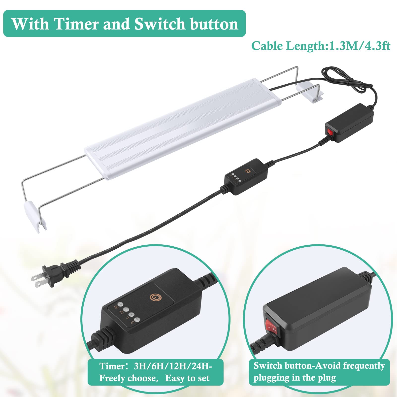 Hitop Full Spectrum Led Aquarium Light - 12” 16” 24” 32” Classic Fish Tank Light With Rgb Leds, With Timer And Stable Extendable Brackets (12-20In)