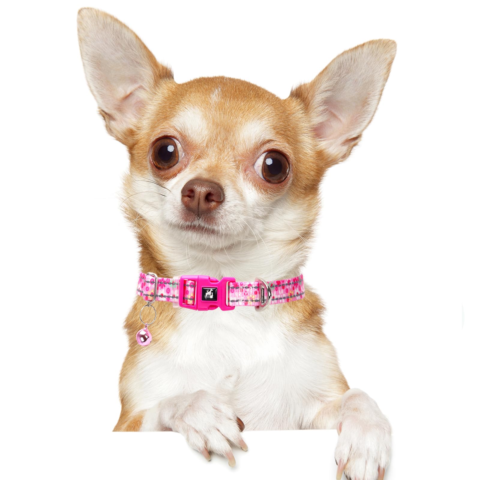 Pink Small Dog Collar With Bell - Reflective Soft Kitten-Safe Collar For Tiny Dogs, Adjustable Flower Pattern Nylon Collar For T