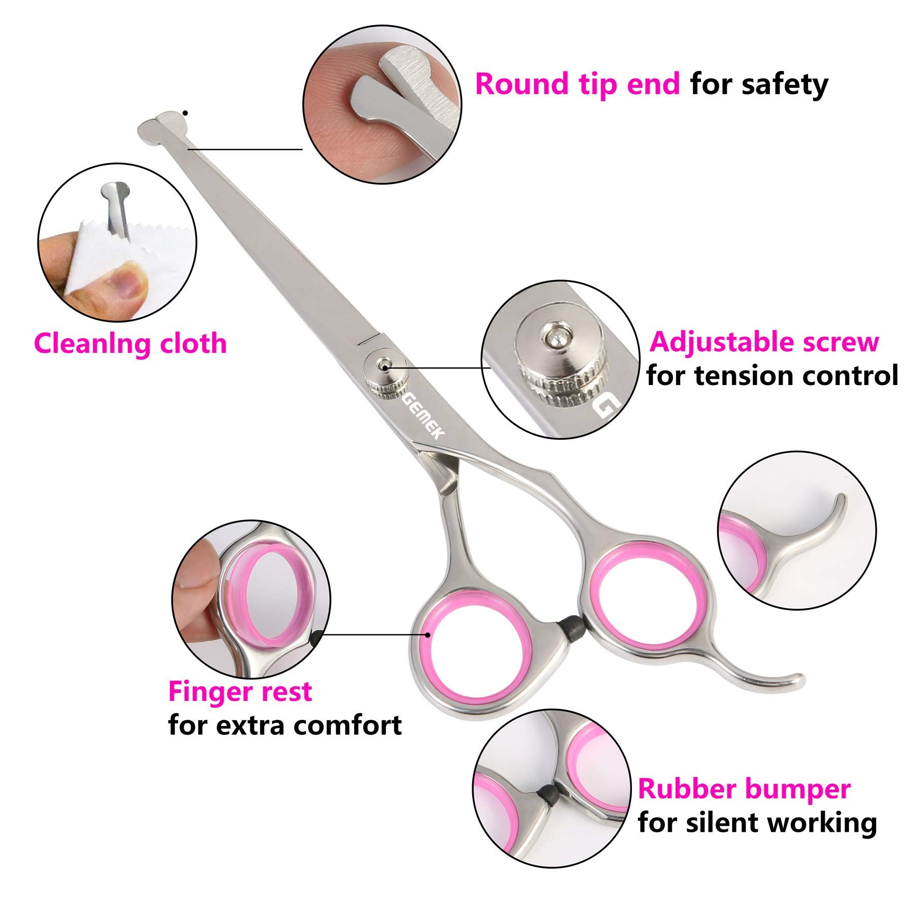 Gemek Dog Grooming Scissors Set, 4Cr Stainless Steel Safety Round Tip Pet Professional Grooming Tool 5 Pieces Kit - Straight, Curved, Thinning Shears & Comb For Dogs, Cats And Other Animals