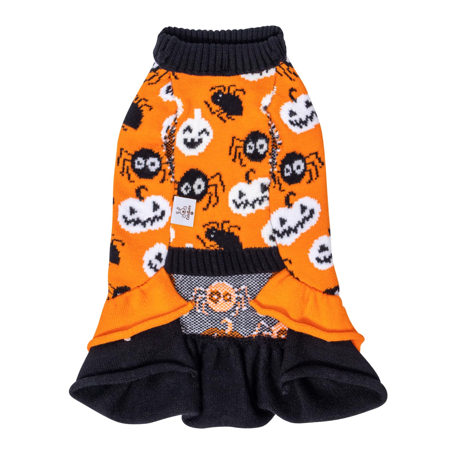 Cutebone Halloween Dog Sweater Dress, Soft And Stretchy Dog Clothes For Medium Large Dogs Girl, Pumpkin Spider Puppy Sweater Pullover Ruffle Dress Pet Outfit Cat Apparel