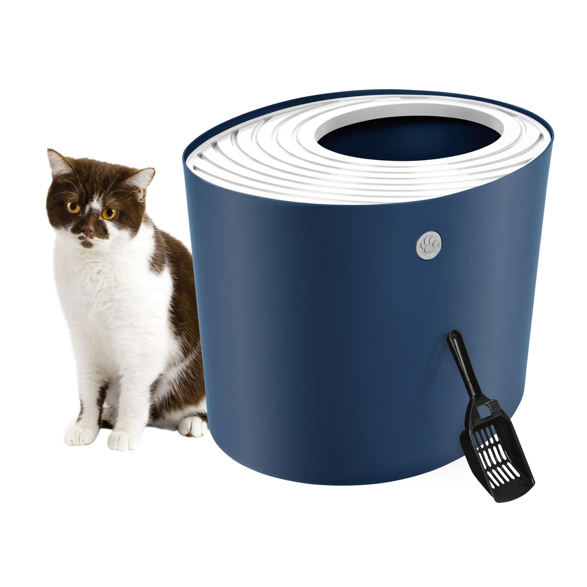 Iris Usa Cat Litter Box, Top Entry Litter Box With Scoop, Stylish Round Cat Litter Box Enclosure, Kitty Litter Box, Navy/White