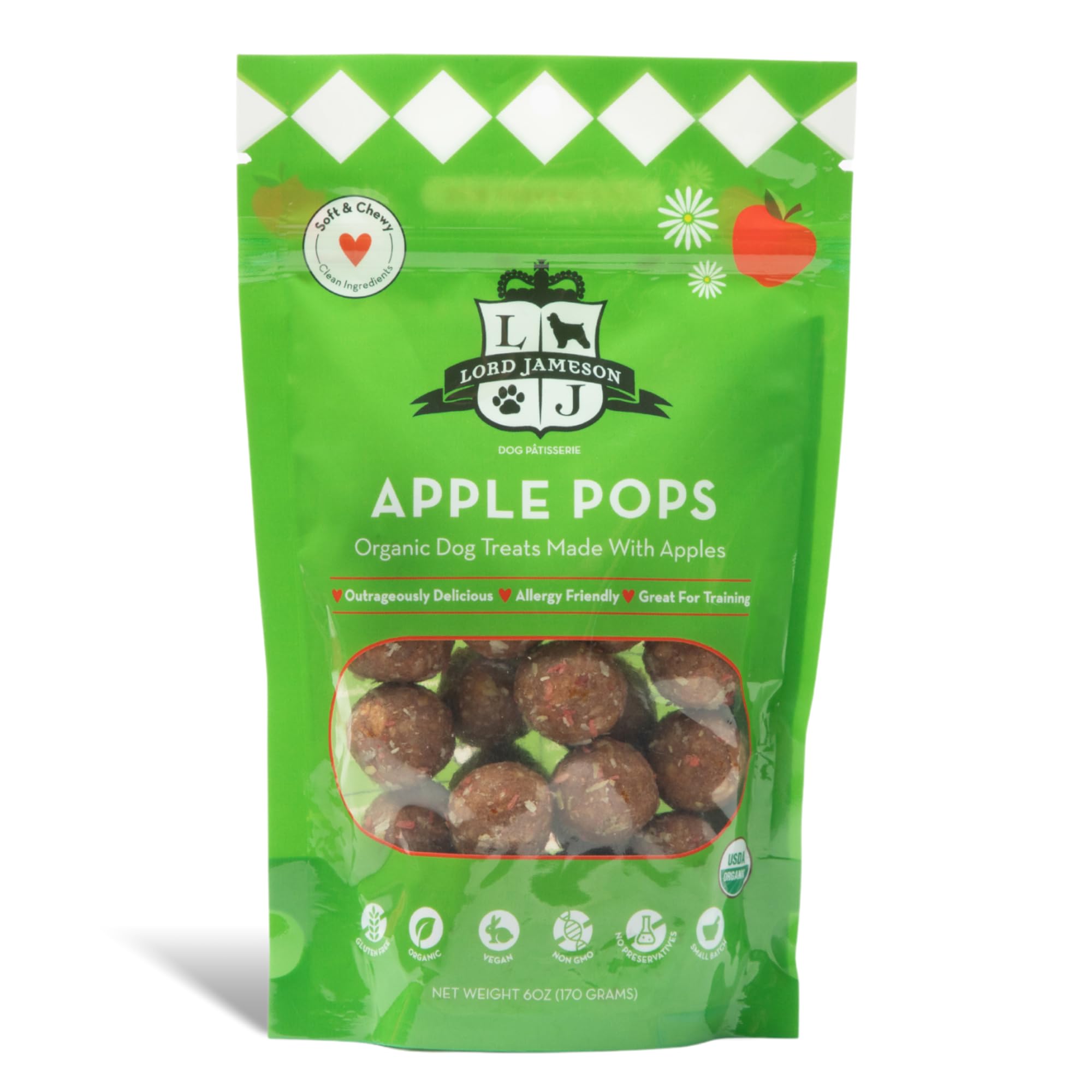 Lord Jameson Apple Pops 6 oz: Organic Soft & Chewy Dog Treats | Natural Puppy & Senior Treats | Easy Chew Hypoallergenic Dog Sna