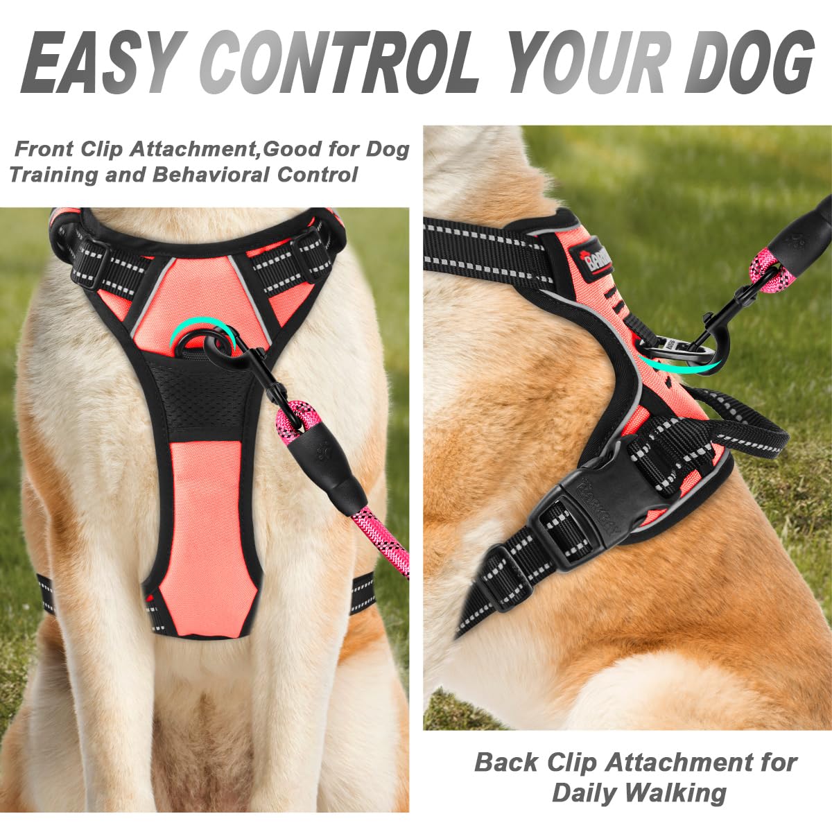 Barkbay No Pull Dog Harness Front Clip Heavy Duty Reflective Easy Control Handle For Large Dog Walking(Light Pink,Xl)