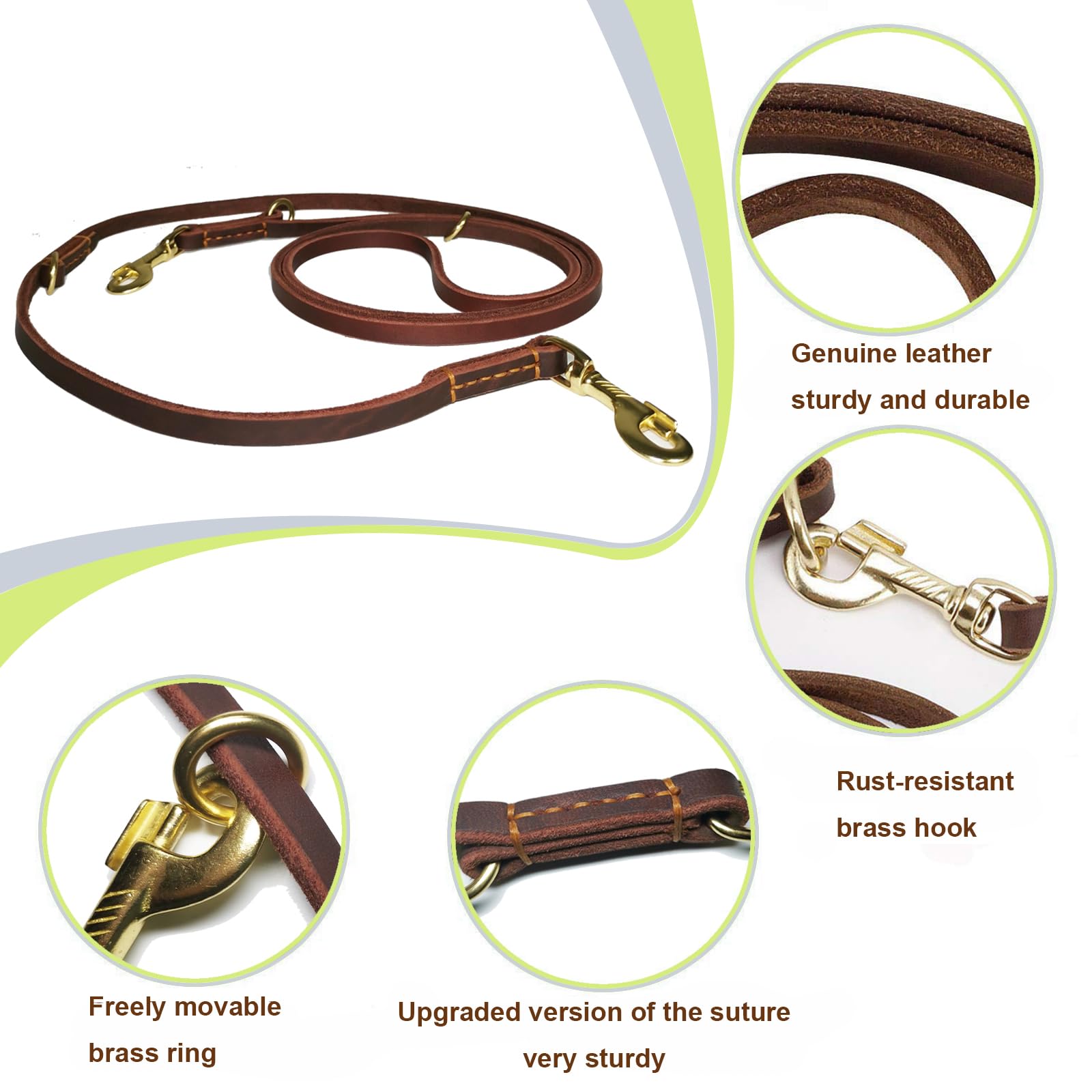 Lwbmg Multi Function Leather Dog Leash 8Ft Genuine Leather Leash For Dogs Hands Free Dog Leash Double Ended Dog Training Leash F