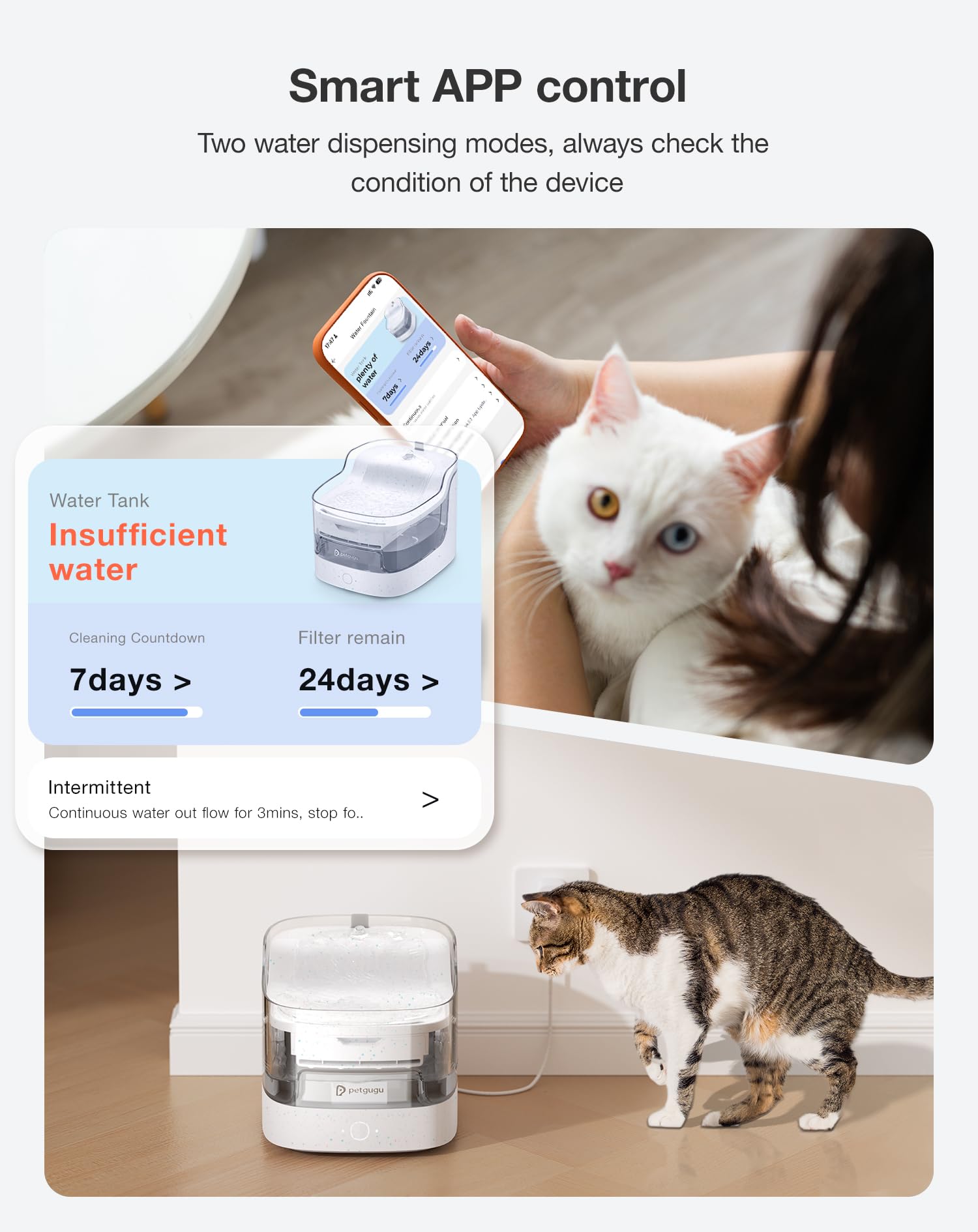 PETGUGU Cat Water Fountain - Ultra-Quiet, 2.4G WiFi, 8-Layer Filter, Marble White, Model PF1L-Marble-01