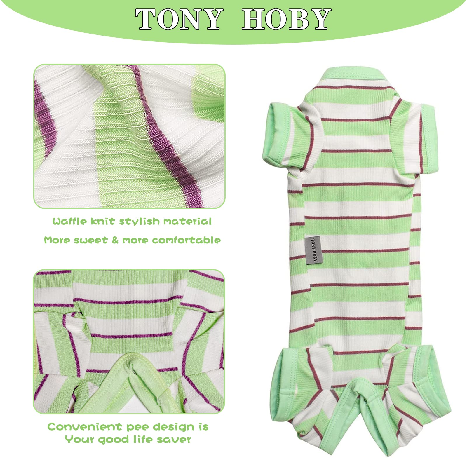 Tony Hoby Dog Jumpsuit 4 Legged Pajamas - Female Dog Pajamas With Green Stripe, For Small Medium Size Dogs, Green&White, Female