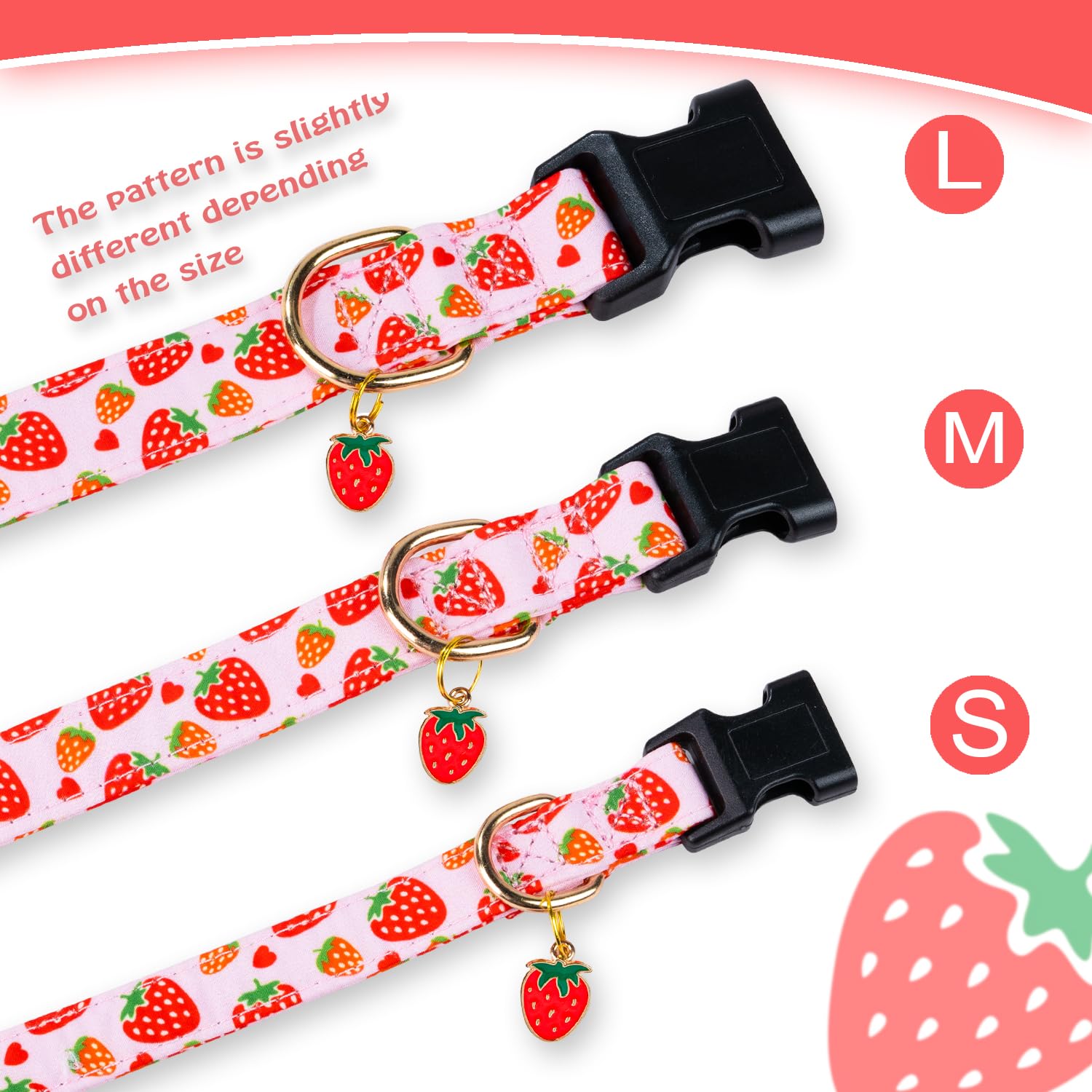 Prehai Cute Cotton Dog Collar For Small Medium Large Dogs Special Design Cute Pink Strawberry With Pendant For Girl Female Dogs
