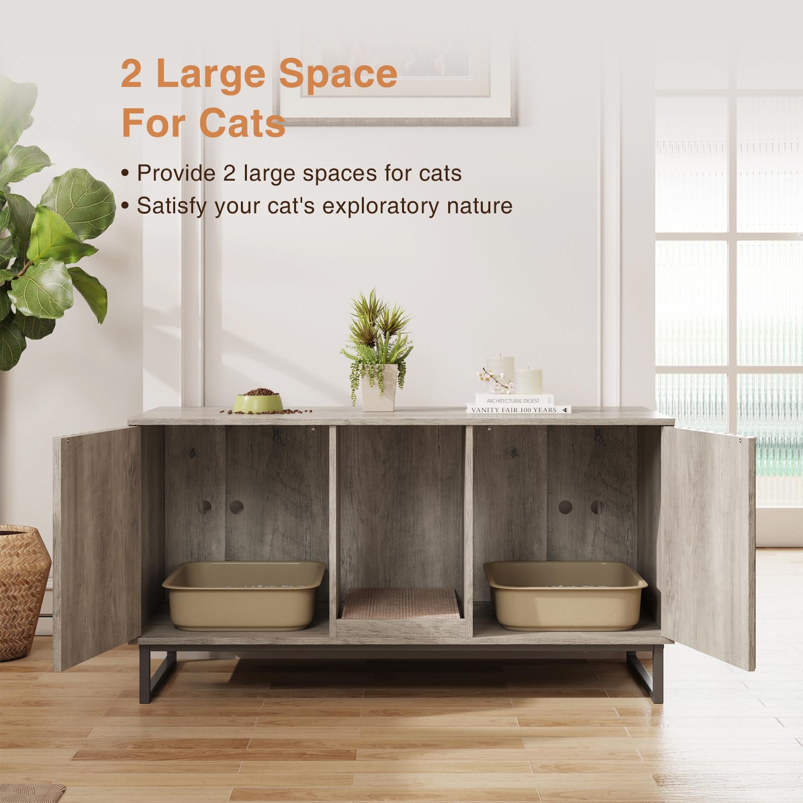 Cat Litter Box Enclosure For 2 Cats, 47.6 Litter Box Furniture Hidden With Scratch Pad, Double Room Large Cat Cabinet, Indoor Pe