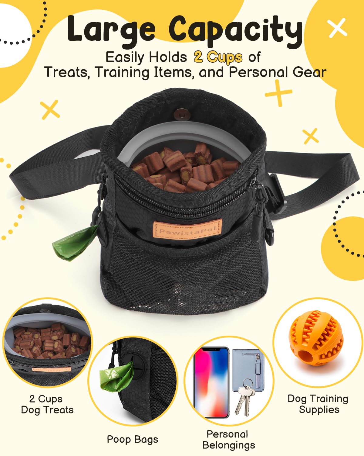 Dog Treat Pouches for Pet Training with Silicone Liner and Magnetic Closure, 2-Cup Treat Bag with Built-in Poop Dispenser, Waist