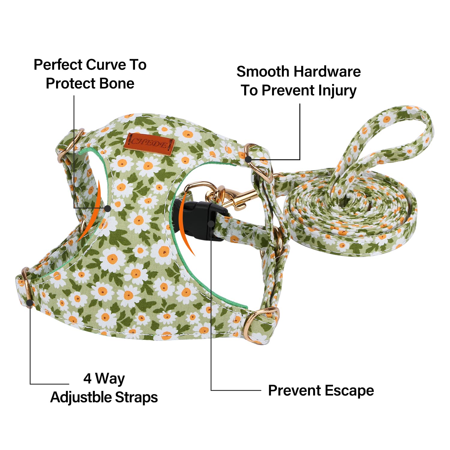 CHEDE Floral Pattern Dog Harness - Lightweight and Soft, Adjustable for Small & Medium Dogs, Includes Leash - Green Daisy