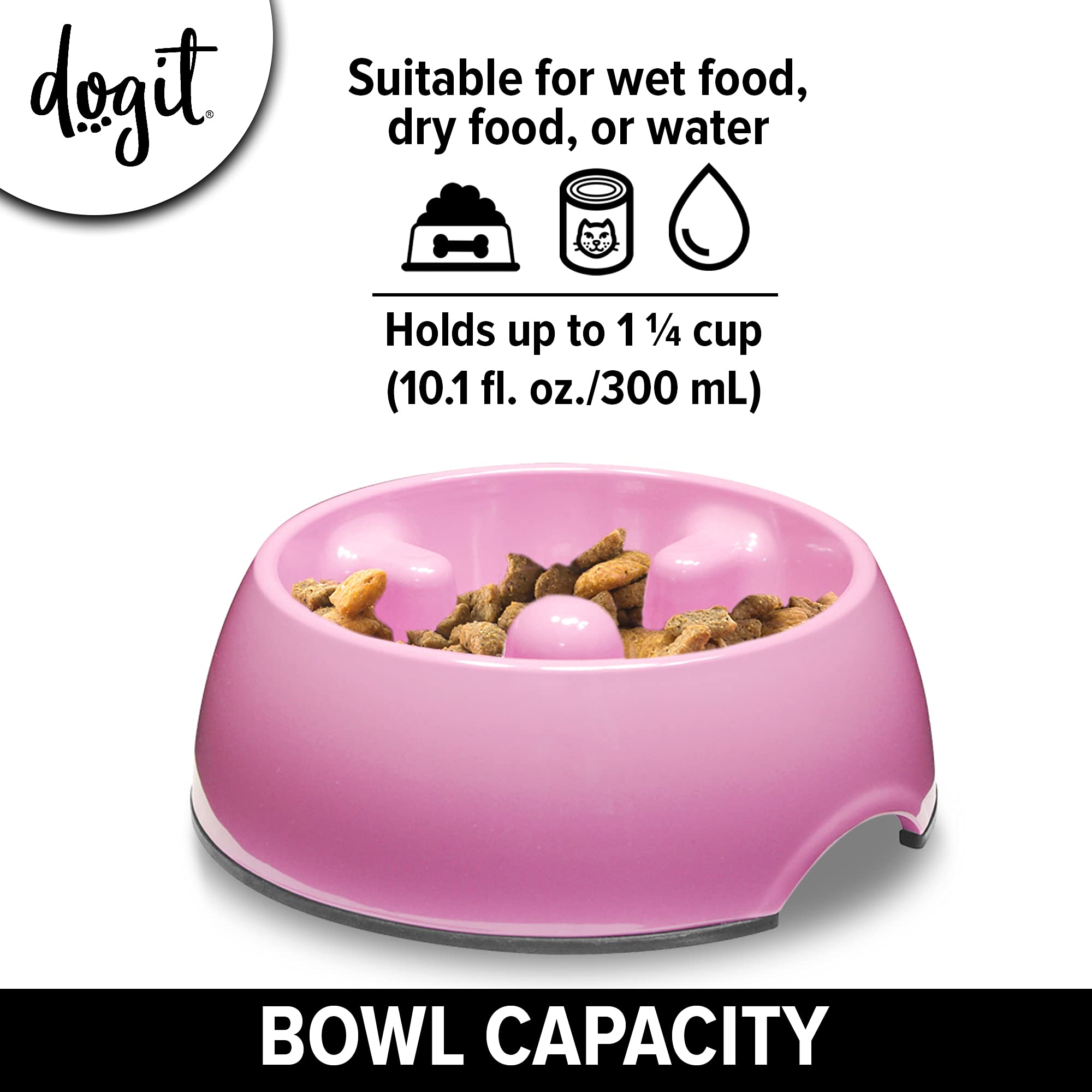 Dogit Go Slow Anti-Gulping Dog Dish, Small Pink Plastic Bowl for Wet/Dry Food, Model 73708