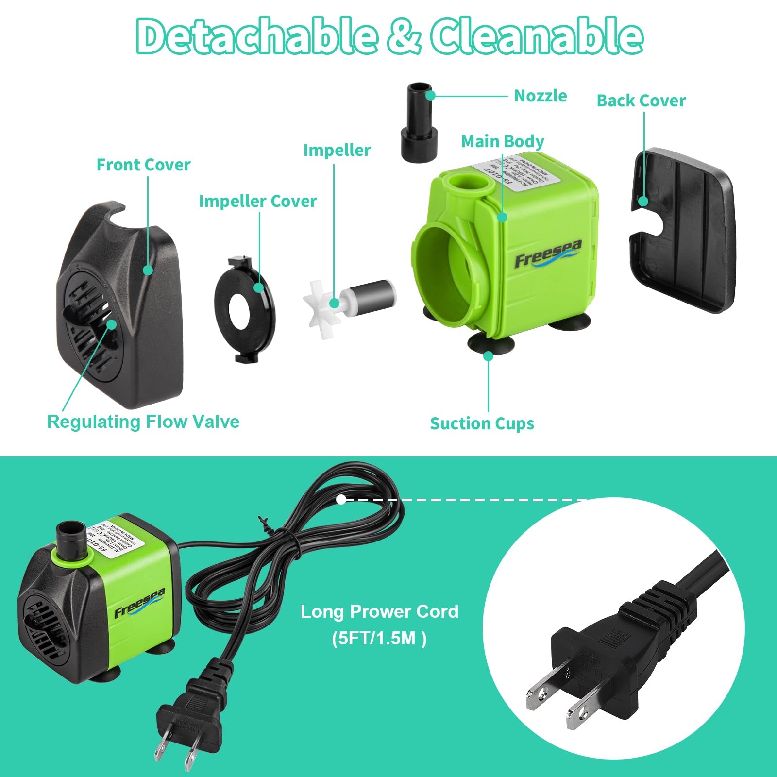 FREESEA Aquarium Submersible Fountain Pump: 160GPH 10W Adjustable Quiet Water Pumps with 3.3ft Tubing Hose for Small Fish Tank |