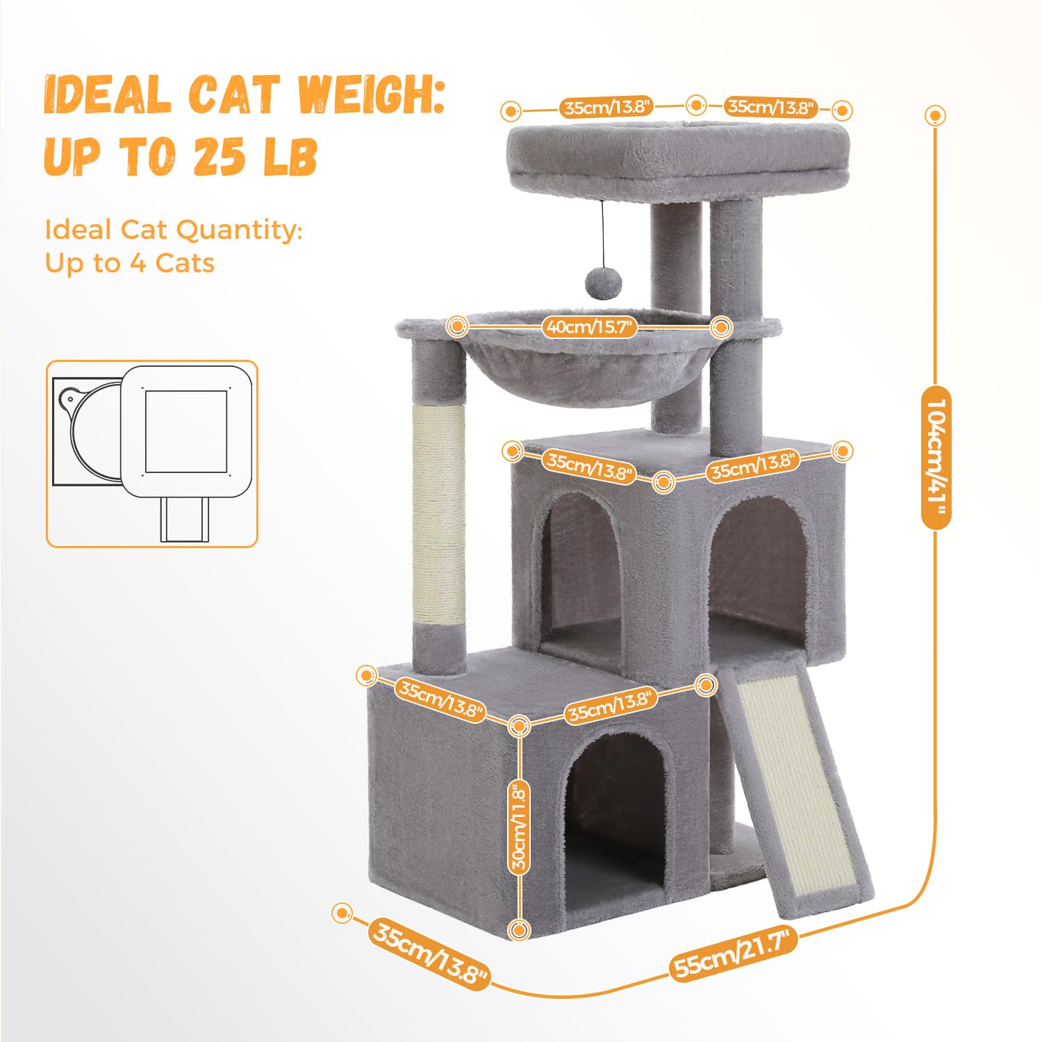 Pawz Road Large Cat Tree, 41 Inches Multi-Level Cat Tower With 2 Spacious Condos For Indoor Cats, Large Cat House With Comfy Ham
