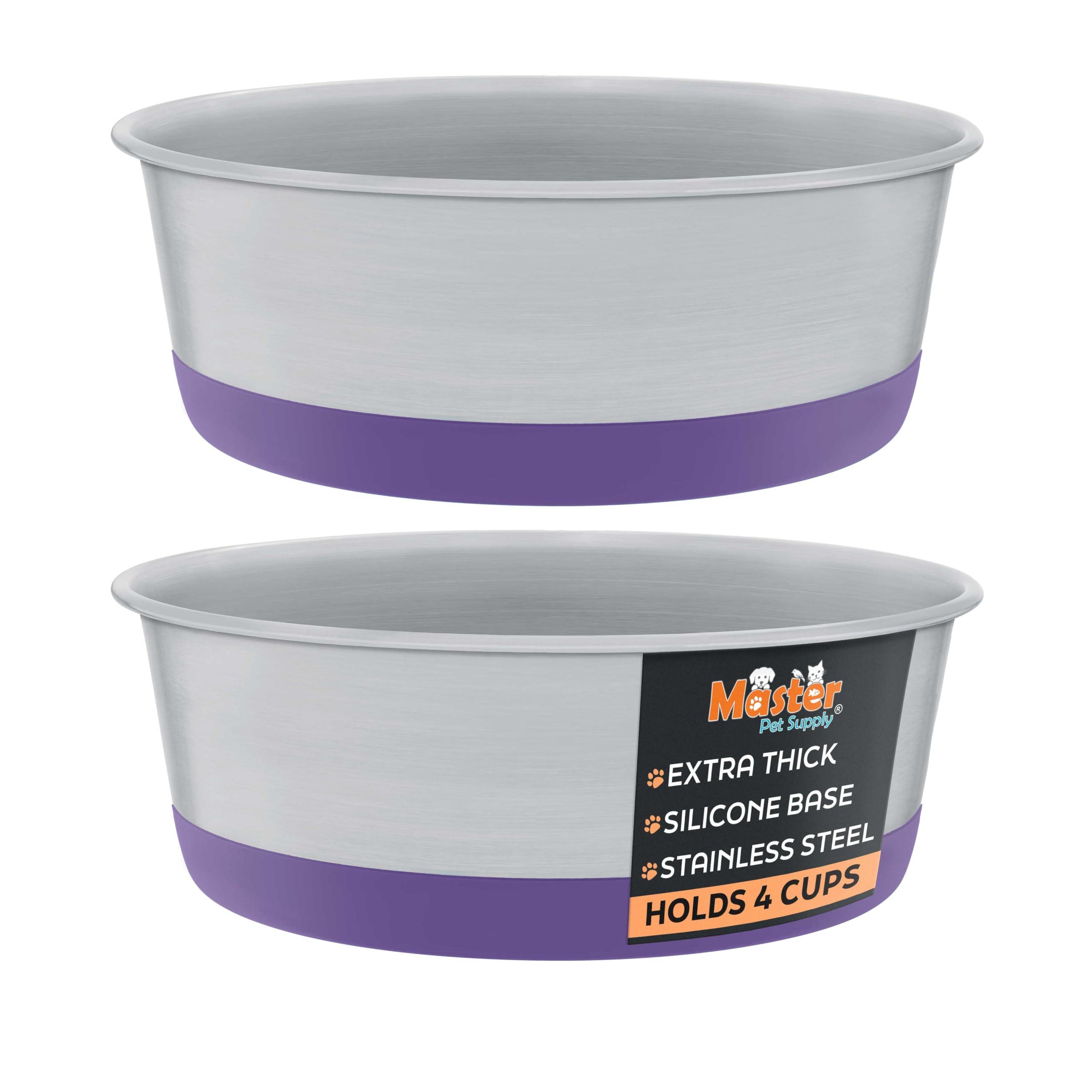 Master Pet Supply Stainless Steel Dog Bowls Set of 2 with Extra Thick Silicone Base - 4 Cup (32 oz) Plum Crazy, Non-Slip, Dishwa