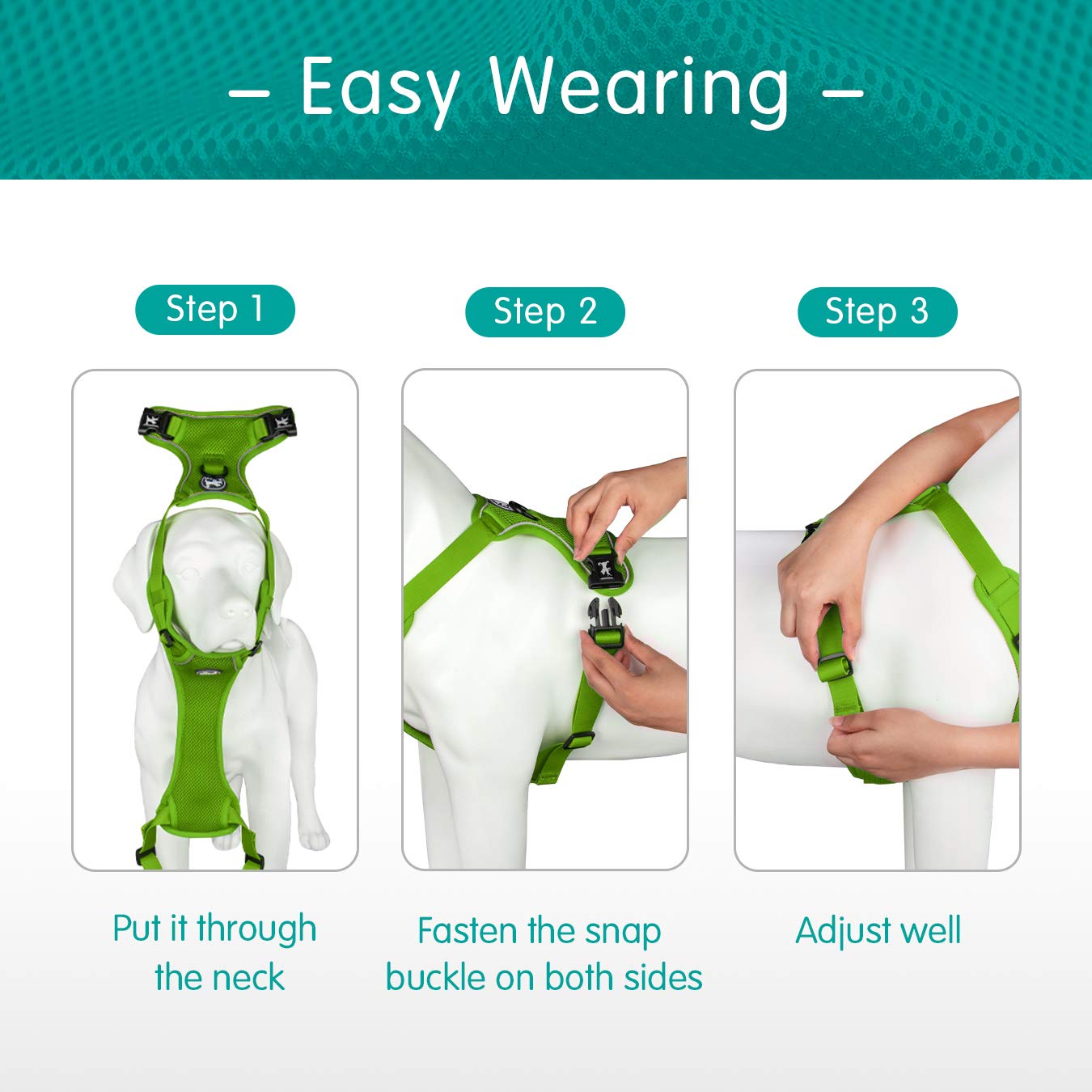 Poypet Reflective Soft Breathable Mesh Dog Harness Choke-Free Double Padded Vest With Adjustable Neck And Chest(Grass Green,M)