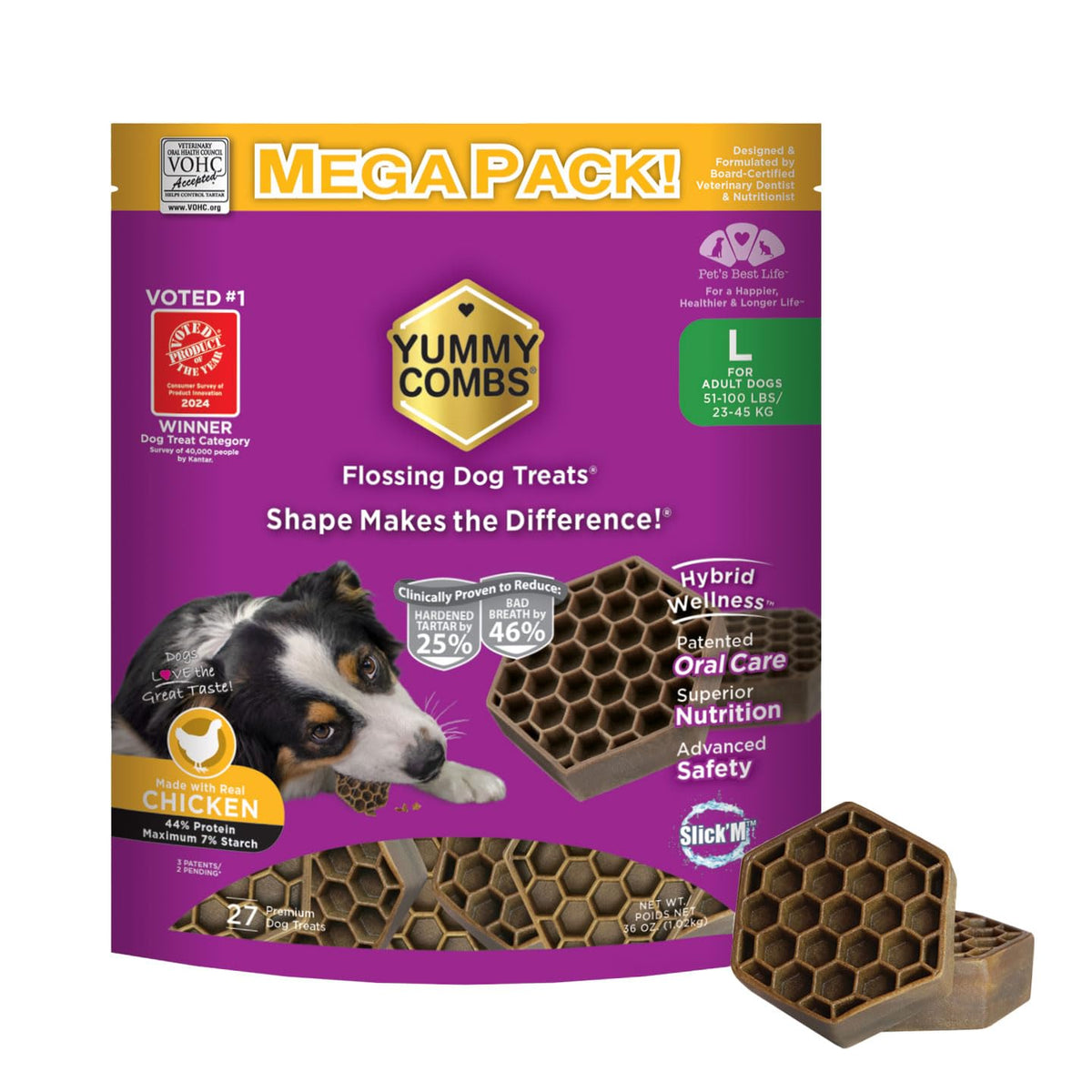 Yummy Combs Dog Dental Treats | Vet Vohc Approved - A Yummy Treat For Teeth Cleaning | Chicken Protein Treat For Large Dogs (36 