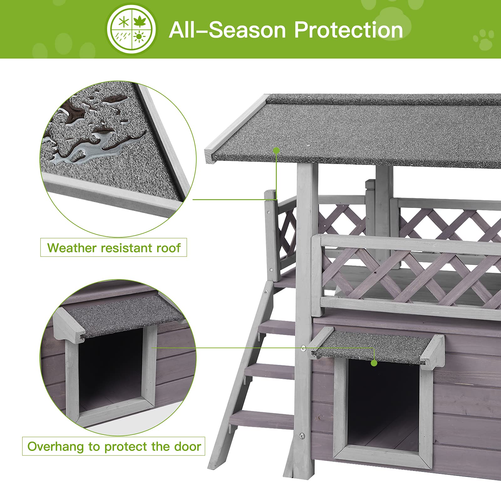 Cat House With Door For Feral Cats, Rainproof Outside Kitty House, 2 Story Wooden Kitten Condo With Stairs (Air09-Bs)