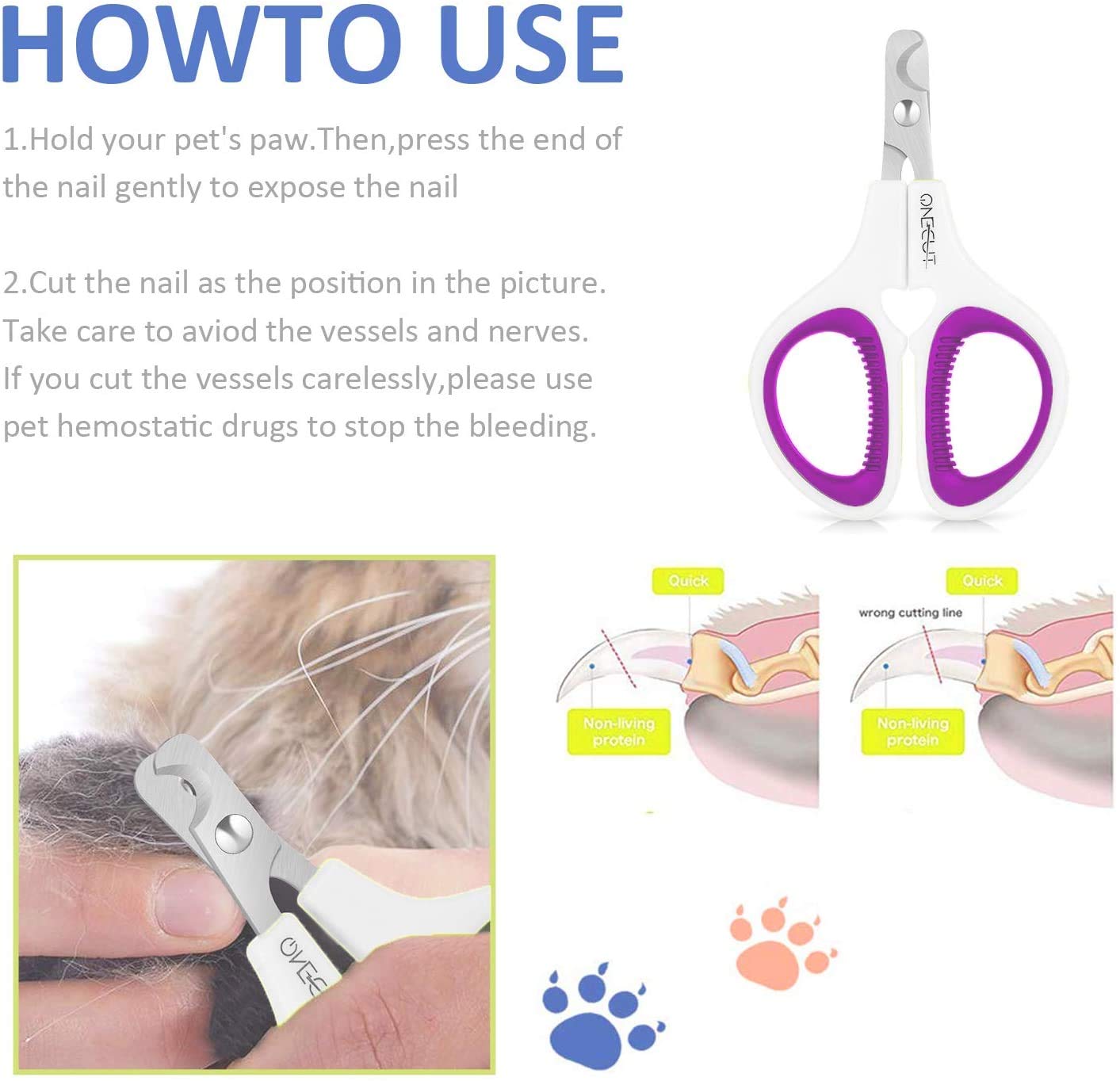 Onecut Pet Nail Clippers, Update Version Cat & Kitten Claw Nail Clippers For Trimming, Professional Pet Nail Clippers Best For A Cat, Puppy,Rabbit, Kitten & Small Dog,Sharp & Safe (Purple)