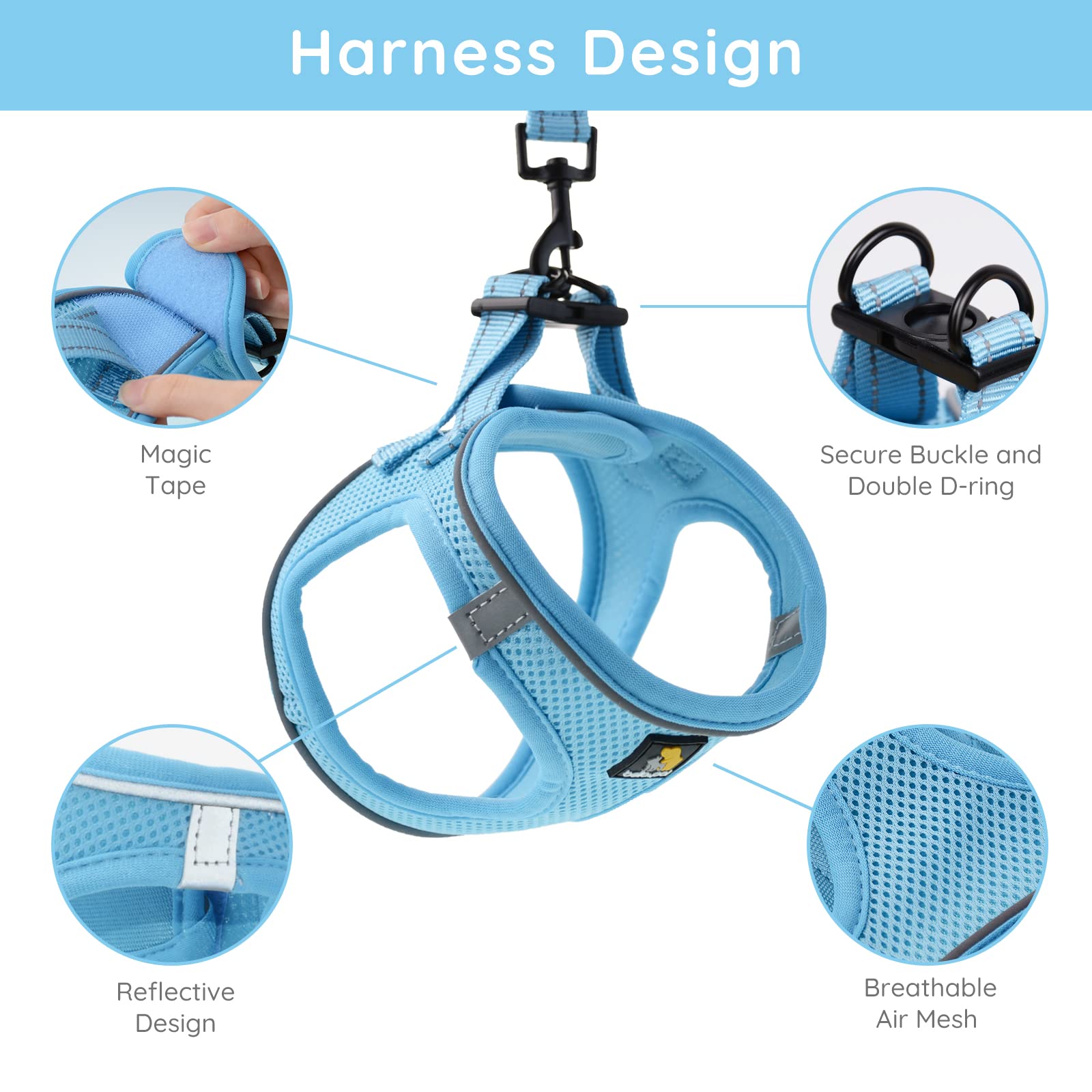 Bella & Pal Puppy Harness With Leash Set, Dog Harness For Small Dogs No Pull, Dog Leash For Small Dogs, Step In Harness For Extra Small Dogs, Blue Harness, L