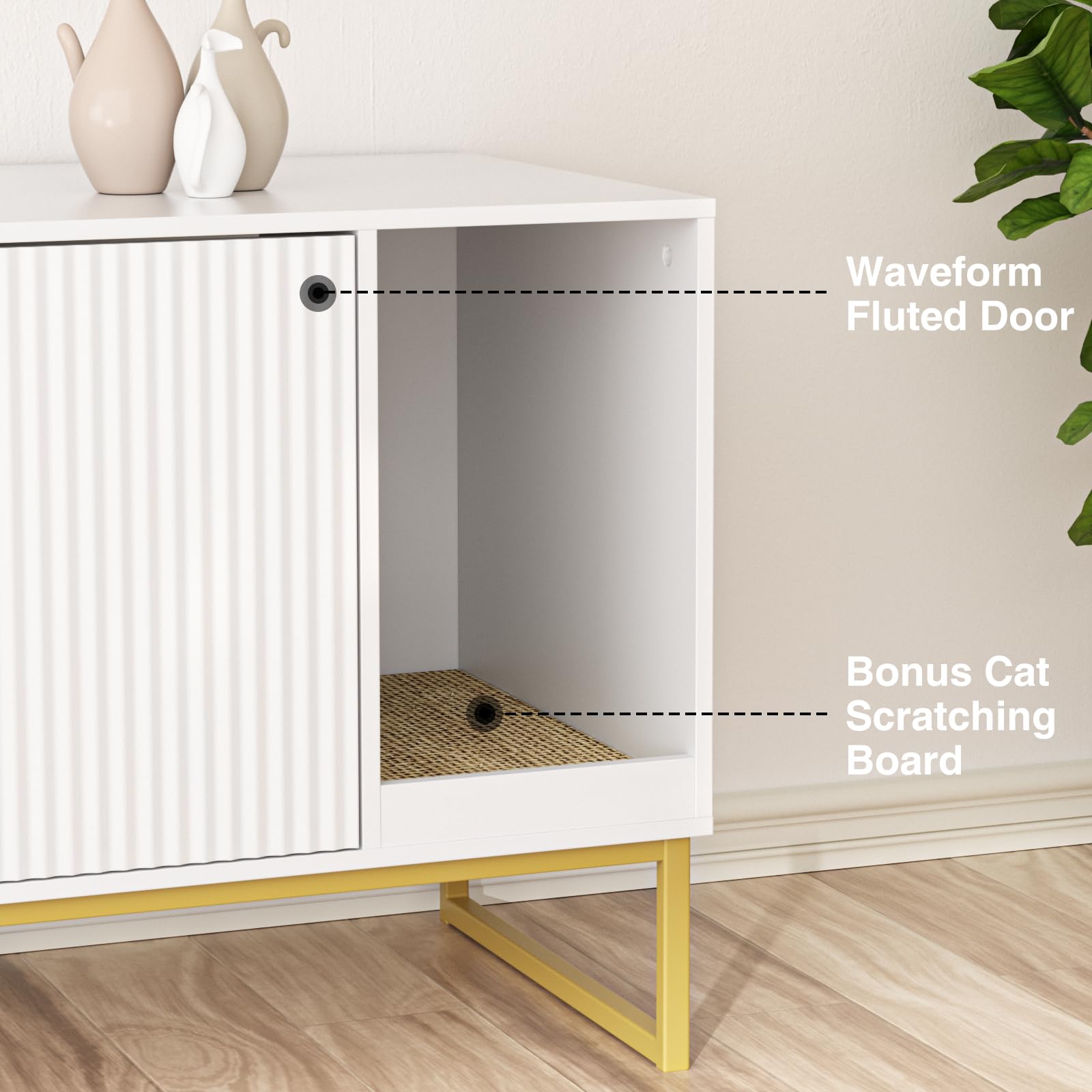 Cat Litter Box Enclosure, Fluted Hidden Litter Box Furniture With Scratch Pad And Metal Legs, Modern Enclosed Cat Cabinet, 31.5