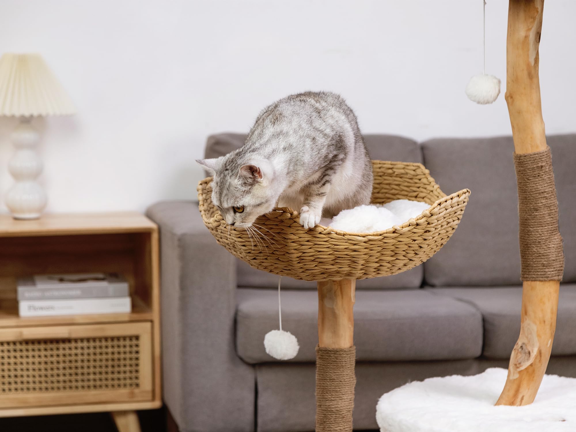 U-Moving 46 Natural Wood Cat Tree For Large Cats - Modern Feline Tower With Scratching Posts, Real Branch Design & Luxury Gift