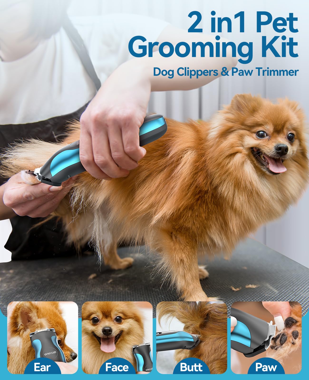 oneisall 2 in 1 Dog Clippers Grooming and Paw Trimmer, Cordless 50dB Quiet Rechargeable 2 Speed Dog Hair Clippers with Detachabl