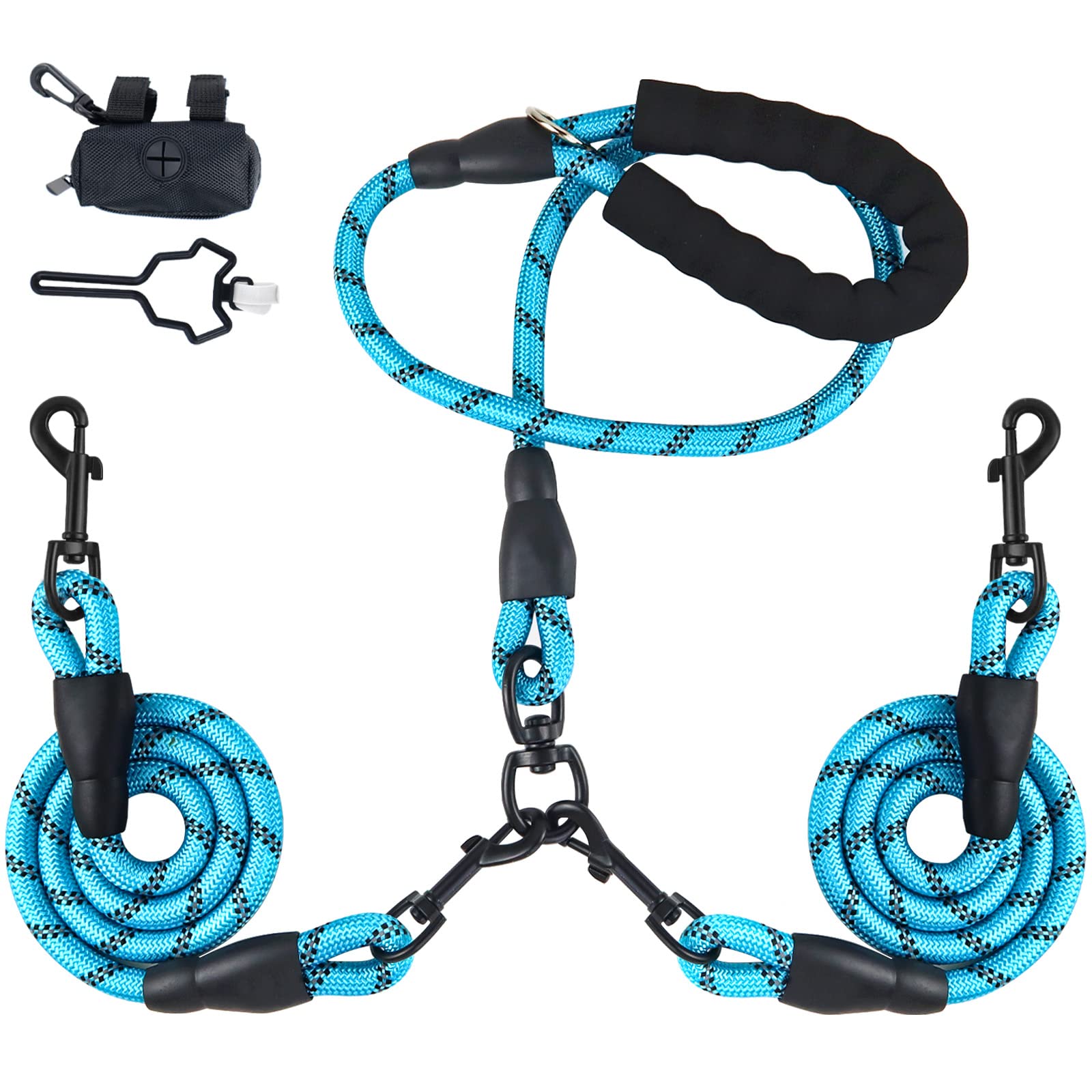 Lele Life Double Dog Leash For Two Dogs, Heavy Duty Reflective Double Leashes For 2 Dogs, 360° Swivel Dual Dog Leash Tangle Free Large Dogs & Medium Dogs, With 2Pcs Dog Poop Bag Holder, Blue