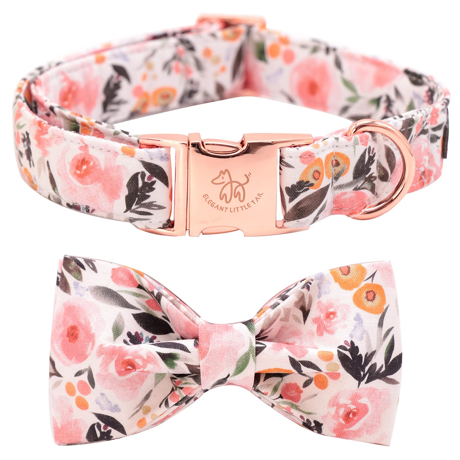 Elegant Little Tail Pink Floral Dog Collar, Girl Dog Collar With Bow Adjustable Soft Bow Tie Dog Collars For X-Large Dogs