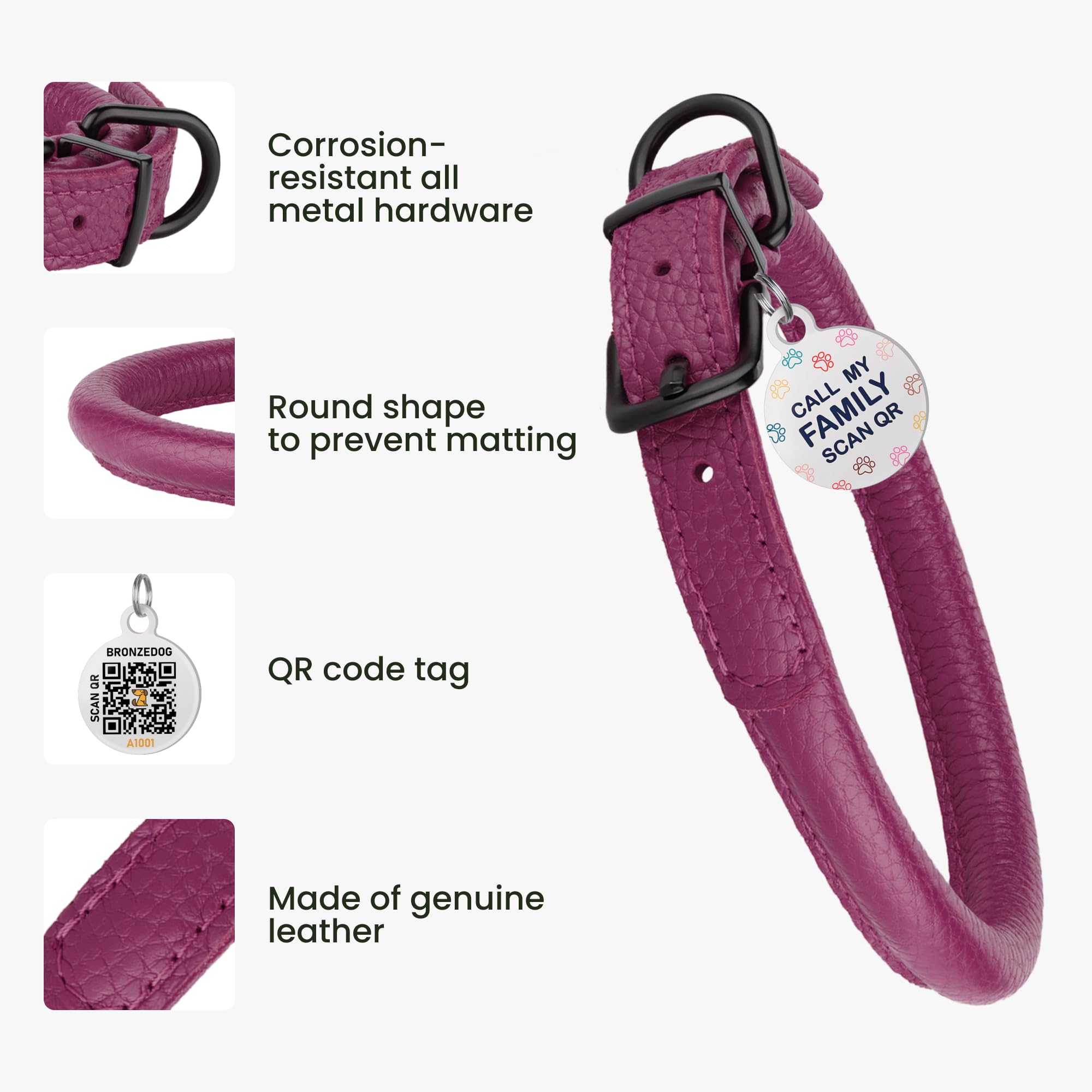 Rolled Leather Dog Collar Soft Round Collars, Id Tag For Small Medium Large Dogs (11-14 Inch, Pink Berry)