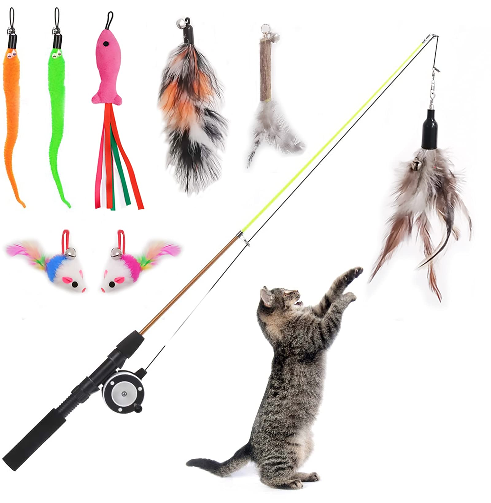Whefory Retractable Cat Teaser Wand Toy, Cat Toys For Indoor Outdoor Cats Interactive Fishing Rod With 8 Pcs Refills Feather Toy, Plush Mouse Caterpillar & Fish