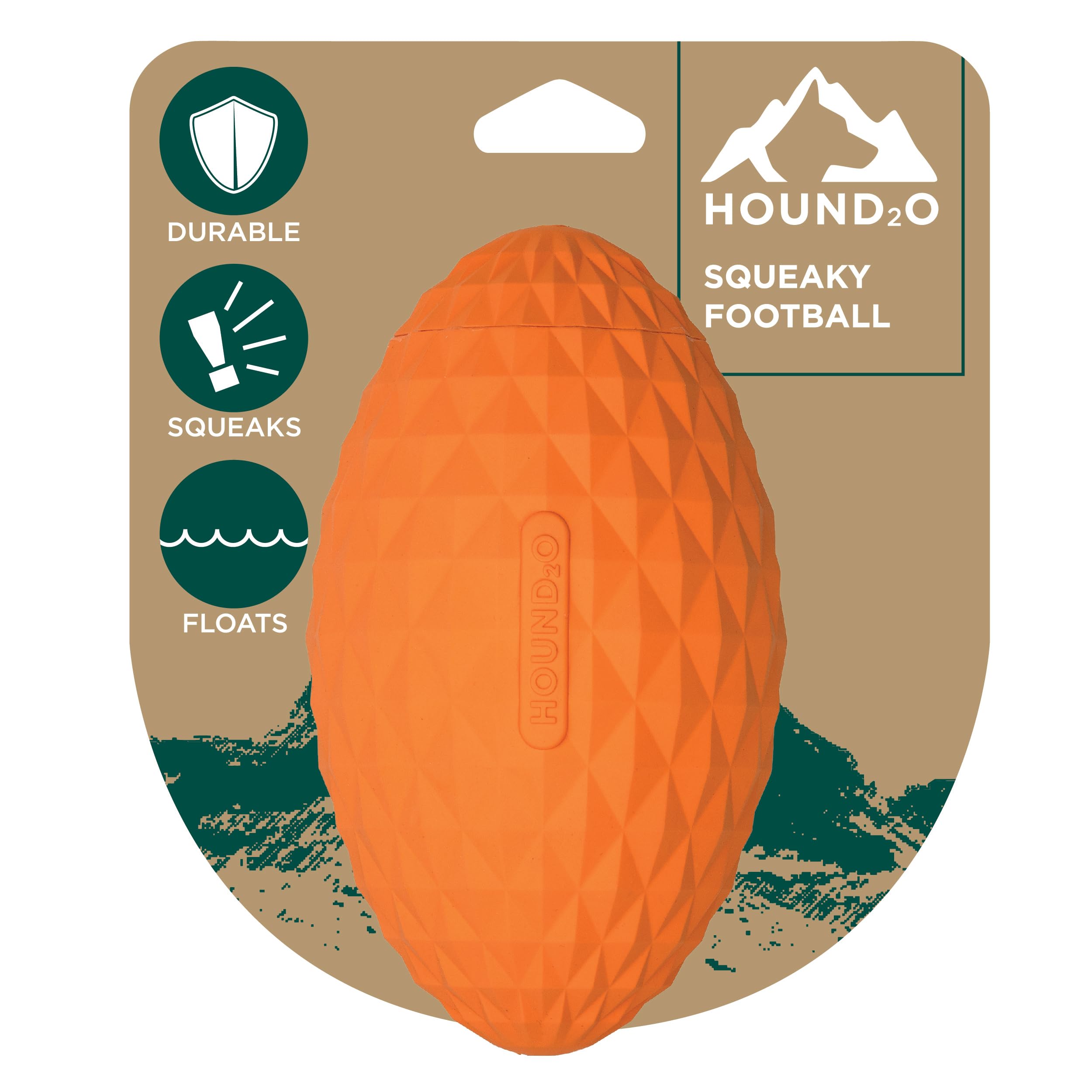 Hound2O Dog Chew Toys - Squeaky Football, Orange - Tough, Engaging, & Interactive Chew Toys - Chew, Chase, & Fetch - Durable Mat
