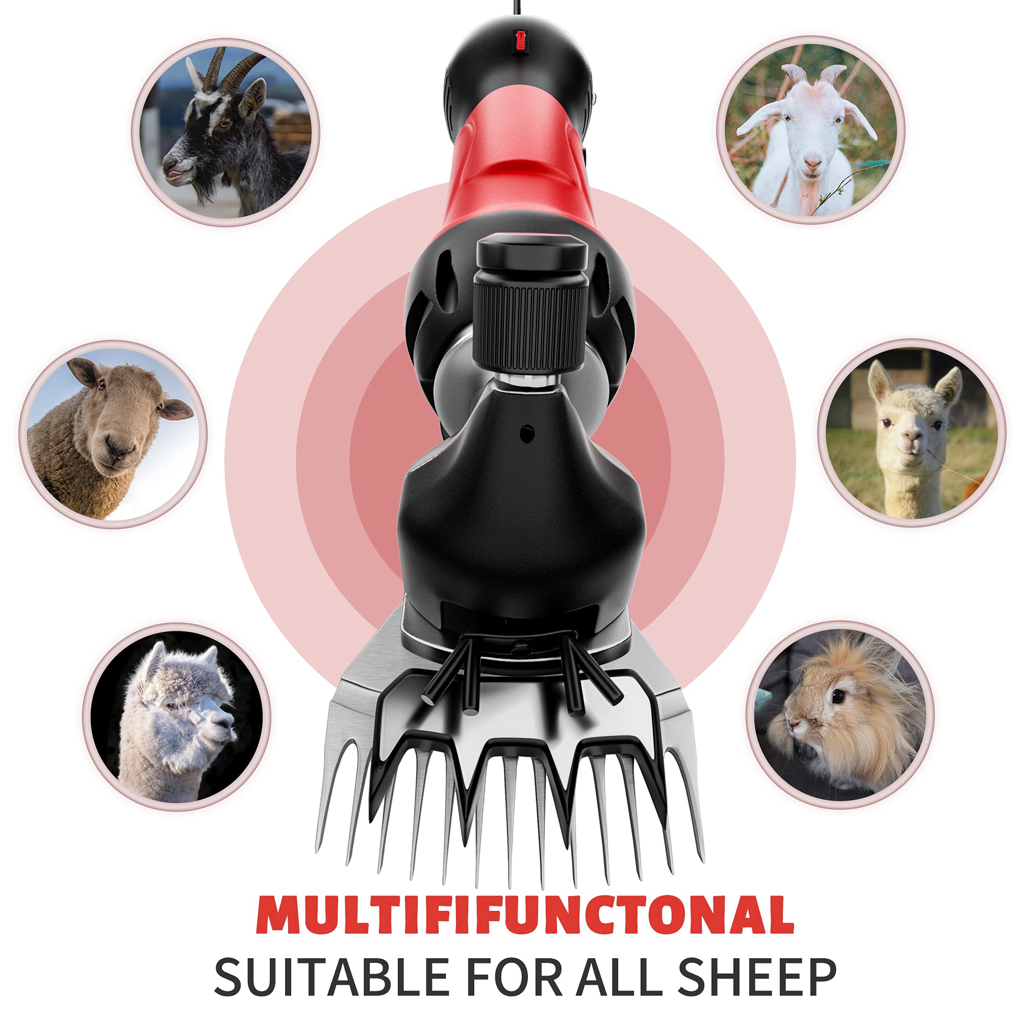 Dragro 500W Professional Electric Sheep Shears, 6-Speed Heavy Duty Clipper for Livestock Grooming - Red, Sheep Clip Size