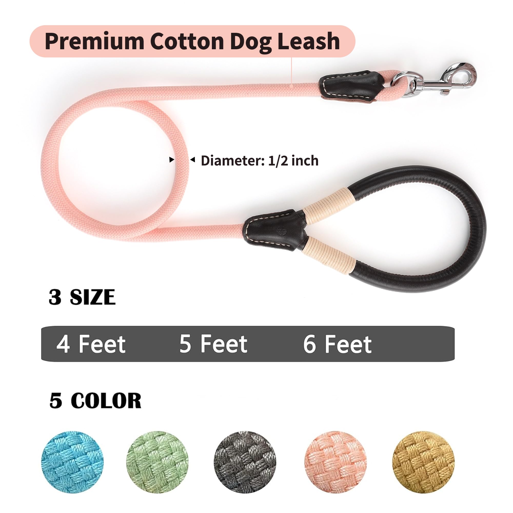 Mile High Life | Premium Leather Dog Leash | Strong Rope Dog Leash | Leather Handle | Heavy Duty Clasp | Small Medium Large Dogs | Diameter 1/2' (Pink, 4 Feet)