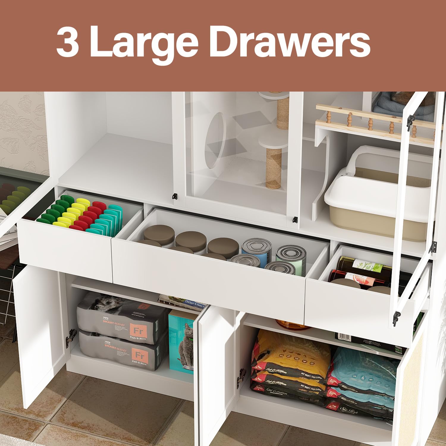 Dawnspaces Large Cat Litter Box Enclosure Furniture Hidden With Scratch Post,Stairs, Cat Condo House For 2 Cats, Cat Cabinet Wit