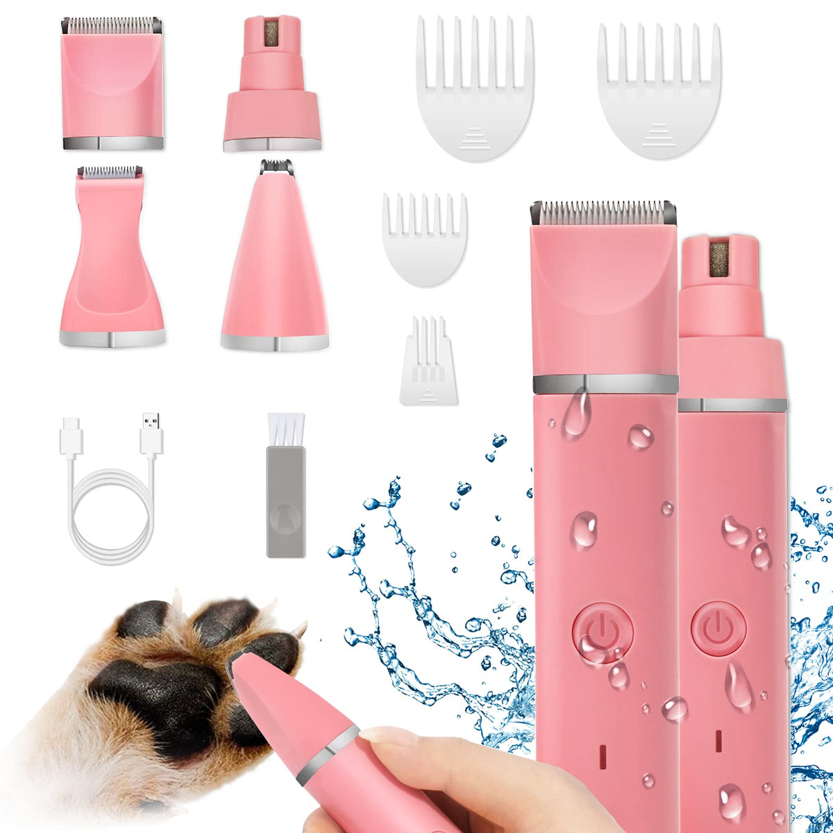 Veeconn Dog Grooming Clippers Kit-Electric Rechargeable Cat Trimmer Tools-Cordless Quiet Pet Nail Paw Grinder-4 In 1 Multifunctional Low Noise Shaver-Razor For Feet Face Ears Toenail Eye（Pink）