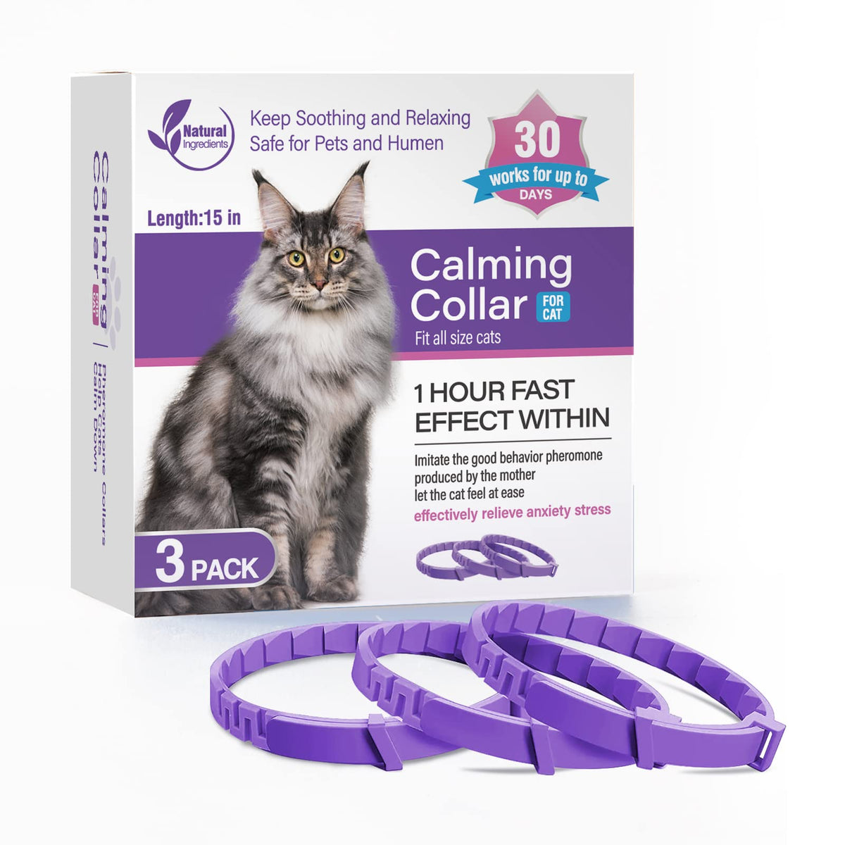 3 Pack Calming Collar Efficient Relieve Reduce Anxiety Stress Pheromones Calm Relaxing Comfortable Breakaway Collars Adjustable For Small, Medium Large Cat, Kittens