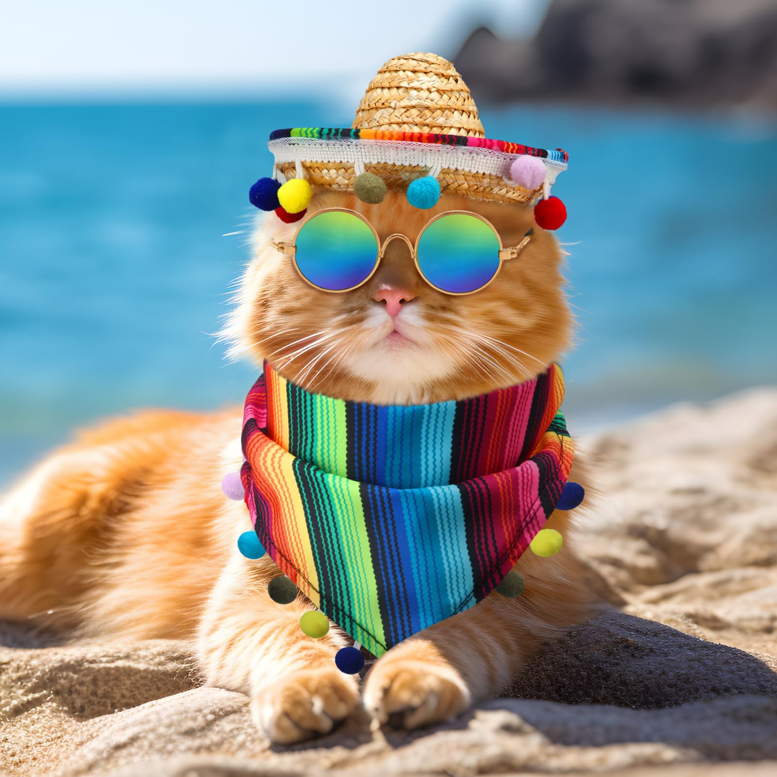 Jagely 3 Pcs Mexican Dog Costume Multicolor Cinco De Mayo Fiesta Cat Bandana With Pom Poms Porch Goose Outfits Mini Sombrero Mex