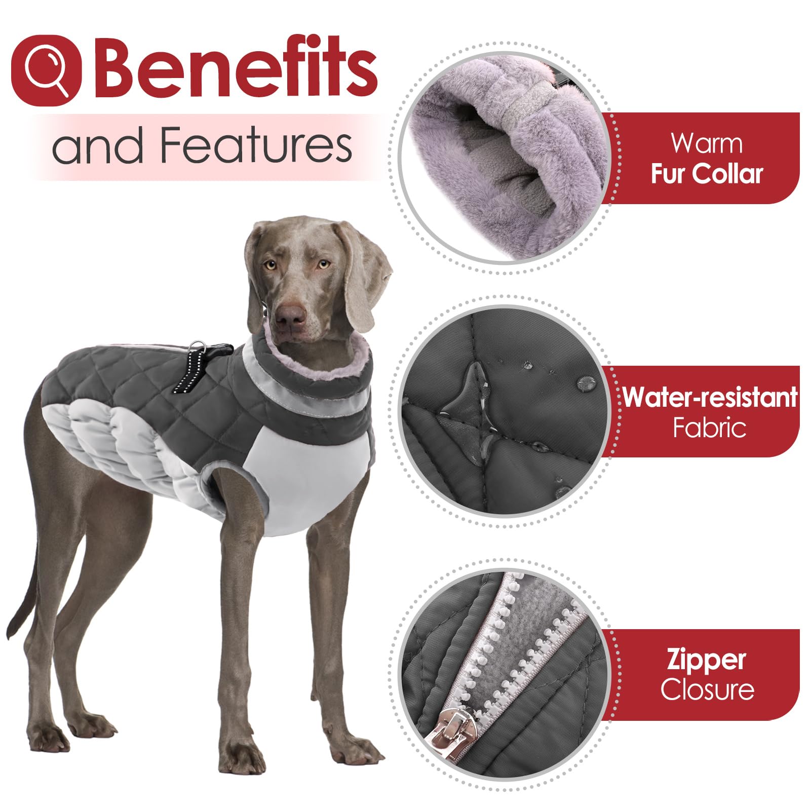 Aofitee Winter Dog Coat Warm Fleece Dog Jacket For Cold Weather, Reflective Zip Up Puppy Dog Padded Vest With Leash Rings, Outdoor Pet Sweater Snowsuit Apparel For Small Medium Large Dogs, Grey L