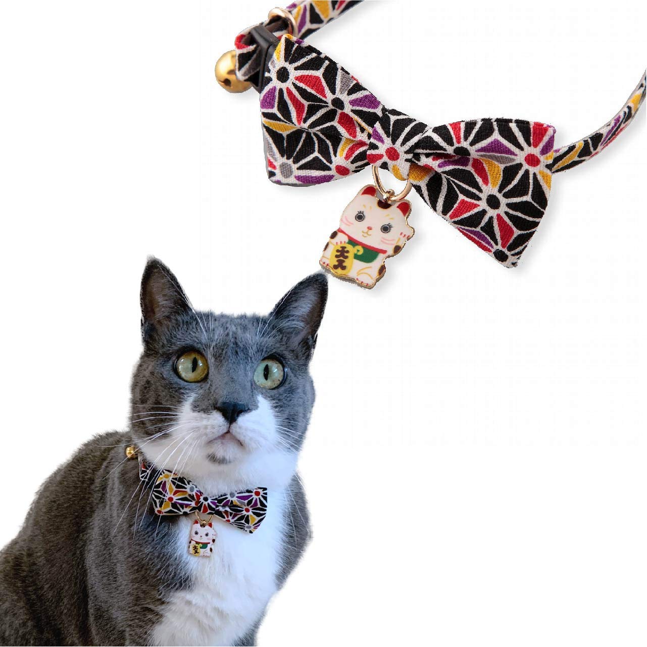 Necoichi Lucky Cat Charm Bow Tie Cat Collar (Black) With Bell Safety Breakaway Soft Lightweight For Cats Kitty Kitten Japanese Stylish Pattern, No.1 Seller In Japan