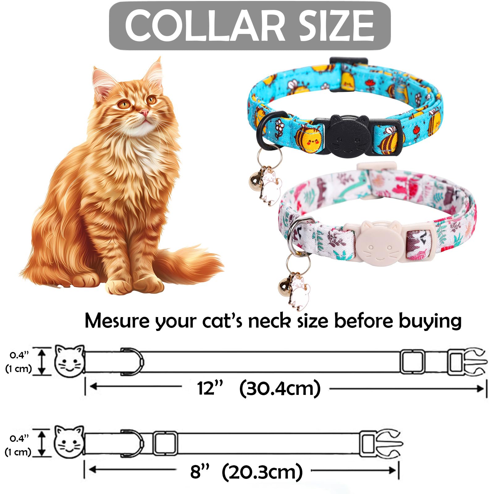 Lionheart Glory 2 Pack Cat Collar Breakaway With Bell & Pendant Dinosaurs Bees Print Kitten Collar Soft Adjustable Safety Cat Co