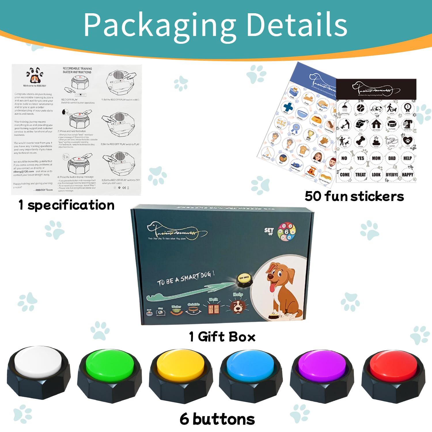 Ribosy Set Of 6 Dog Buttons, Recordable Button, Dog Training Buzzer With 50 Stickers, Record Playback Your Own Message To Teach Your Dogs Voice What They Want